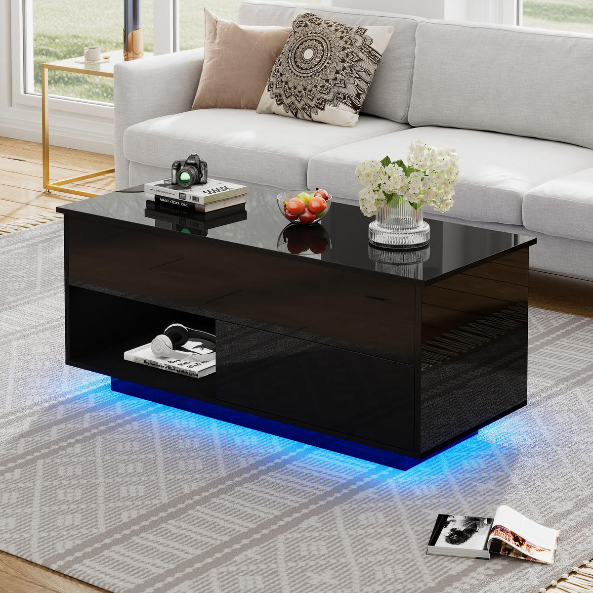 COUCHTISCH in Schwarz Wohnzimmertisch mit Liftfunktion, Stauraum und LED, B100/T50/H70.5cm - Schwarz, Holzwerkstoff (50/100/70.5cm) - STILVORA