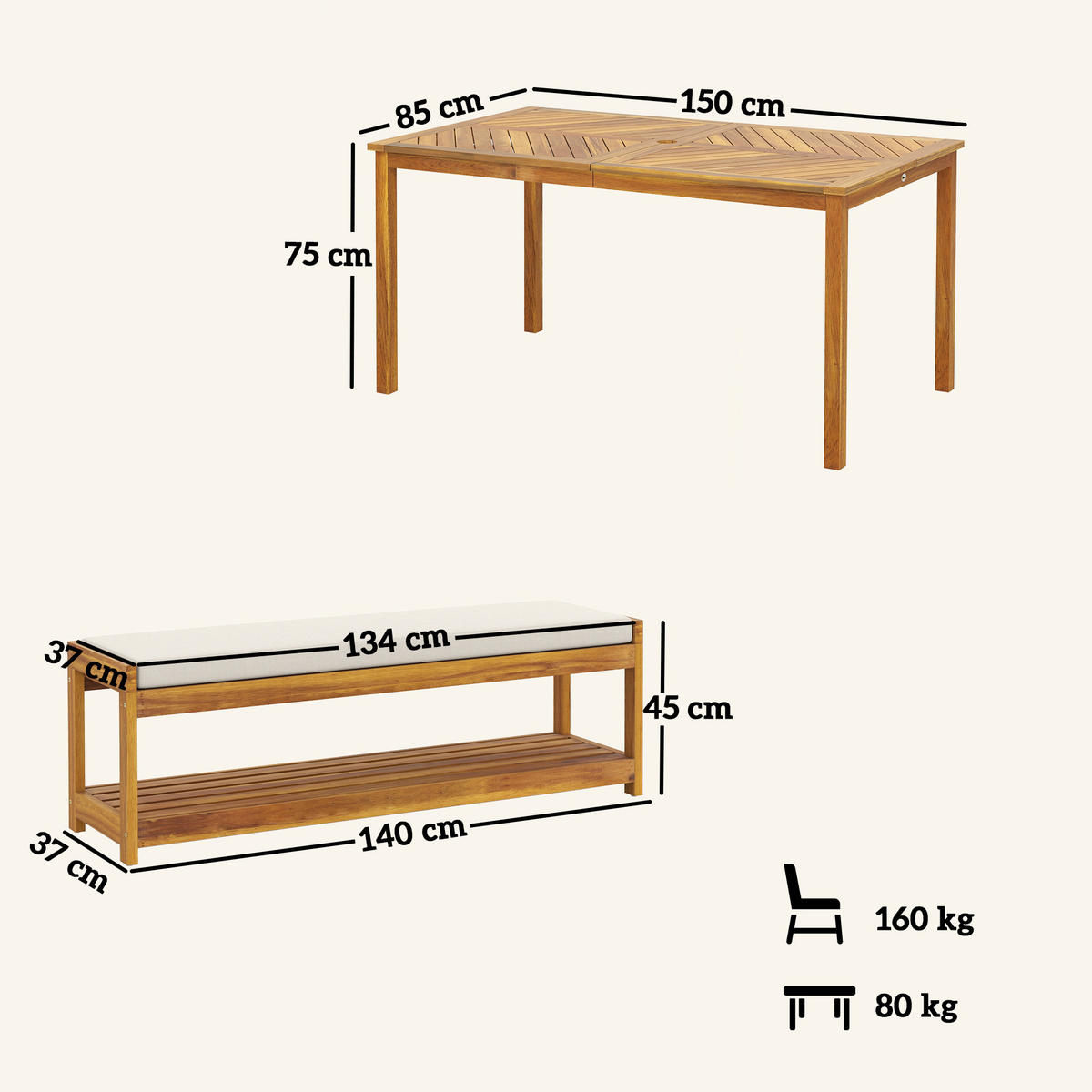 GARTENMÖBEL-SET 3-teilig DE-09824 mit Schirmloch und 2 Bänken Teak - Teakfarben, Holz - ComfortXL