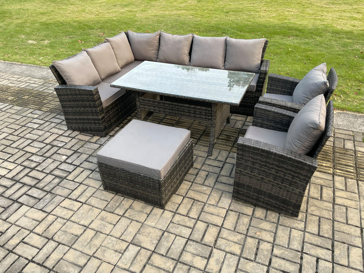 LOUNGEMÖBEL-SETS mit Esstisch Sofa Polyrattan Dunkelgrau 9-Sitzer - Dunkelgrau/Grau, Glas/Kunststoff - Fimous