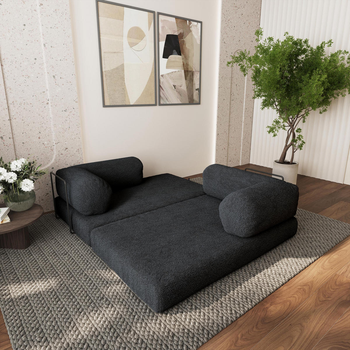 ECKSOFA KELI modulares Boneless Sofa mit Schlaffunktion Schwarz Boucle-Stoff - Schwarz, Textil (270/160cm) - MASSENO