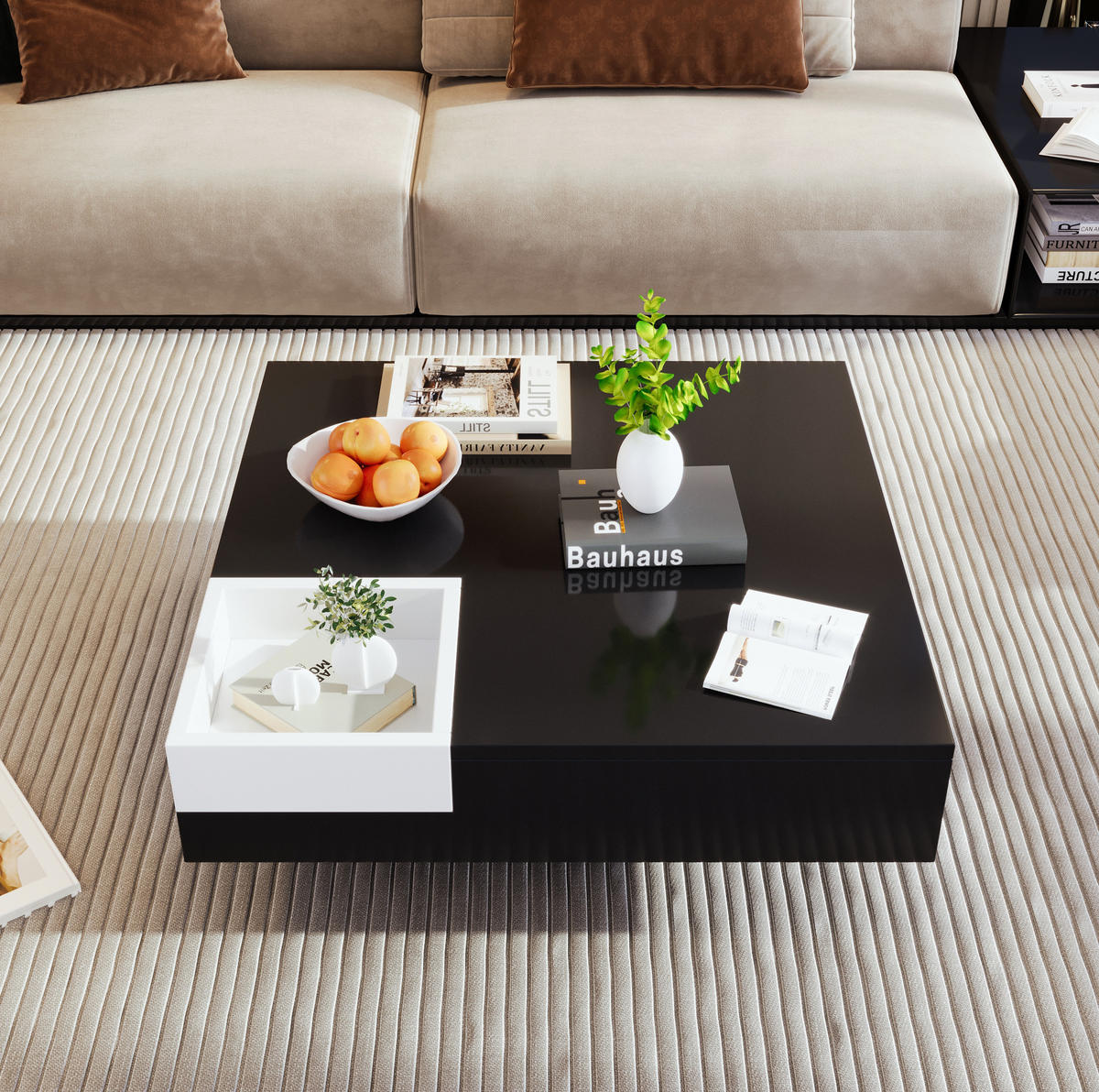 COUCHTISCH, Hochglanz-Design auf Spanplatte, abnehmbare Aufbewahrungsbox & RGB-LED, 72/72/30 cm, Schwarz + weiß - Schwarz, Holzwerkstoff (72/72/30cm) - Redom