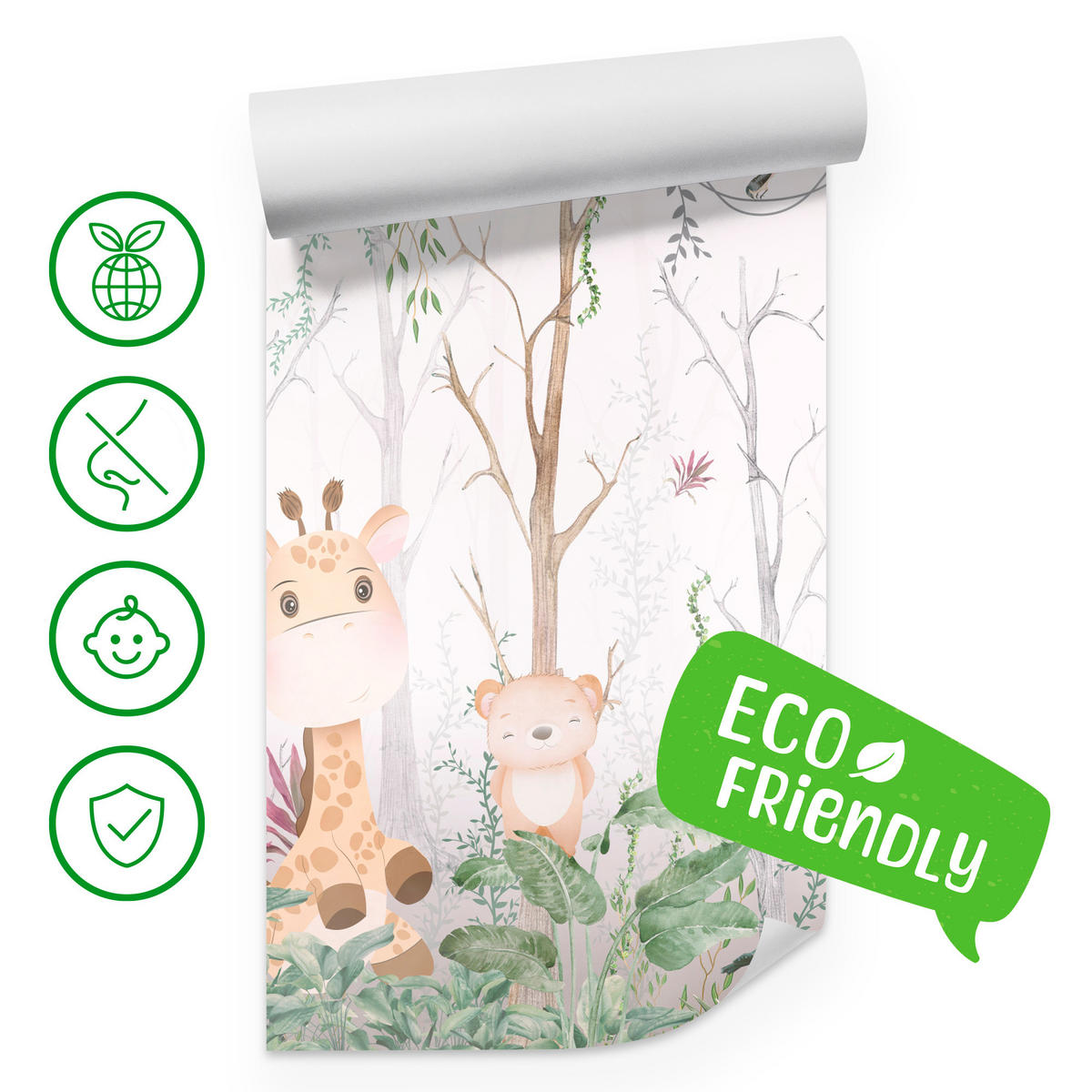 FOTOTAPETE für Kinderzimmer Märchenhafte Tiere Wald Bäume Pflanzen 500x350 - Beige/Rosa, Papier (500/350cm) - Muralo