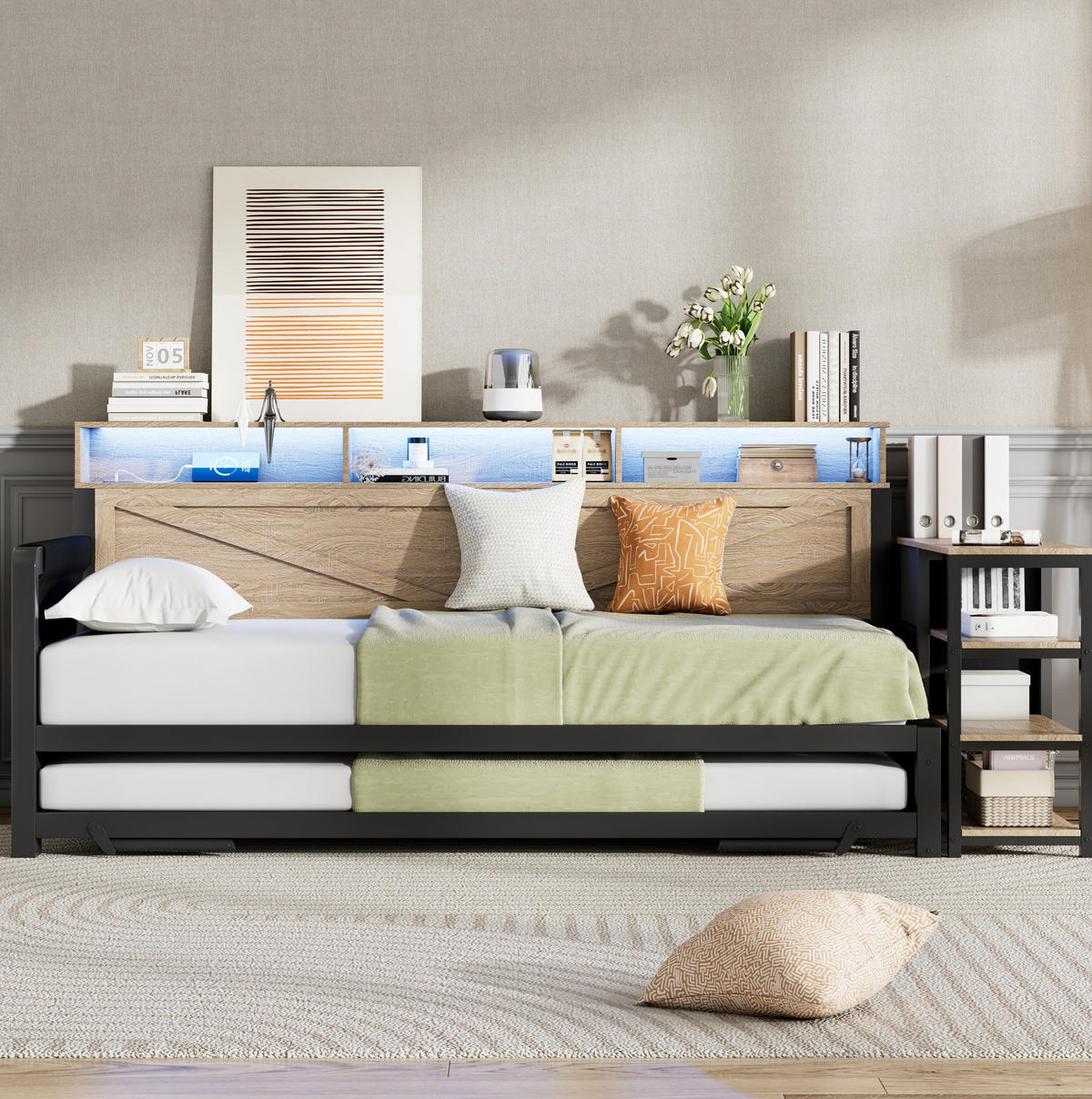 TAGESBETT 90/200 cm mit Ausziehbett, Stauraum, LED und USB, Metall/MDF, Schwarz - Schwarz, Holzwerkstoff (90/200cm) - Redom