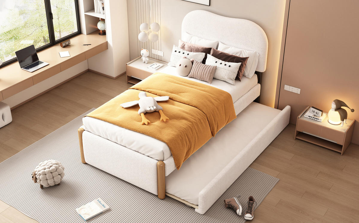 POLSTERBETT 90/200 cm Weiß aus Plüsch mit ausziehbarem Rollbett - Weiß, Textil (90/200cm) - OKMYHOME