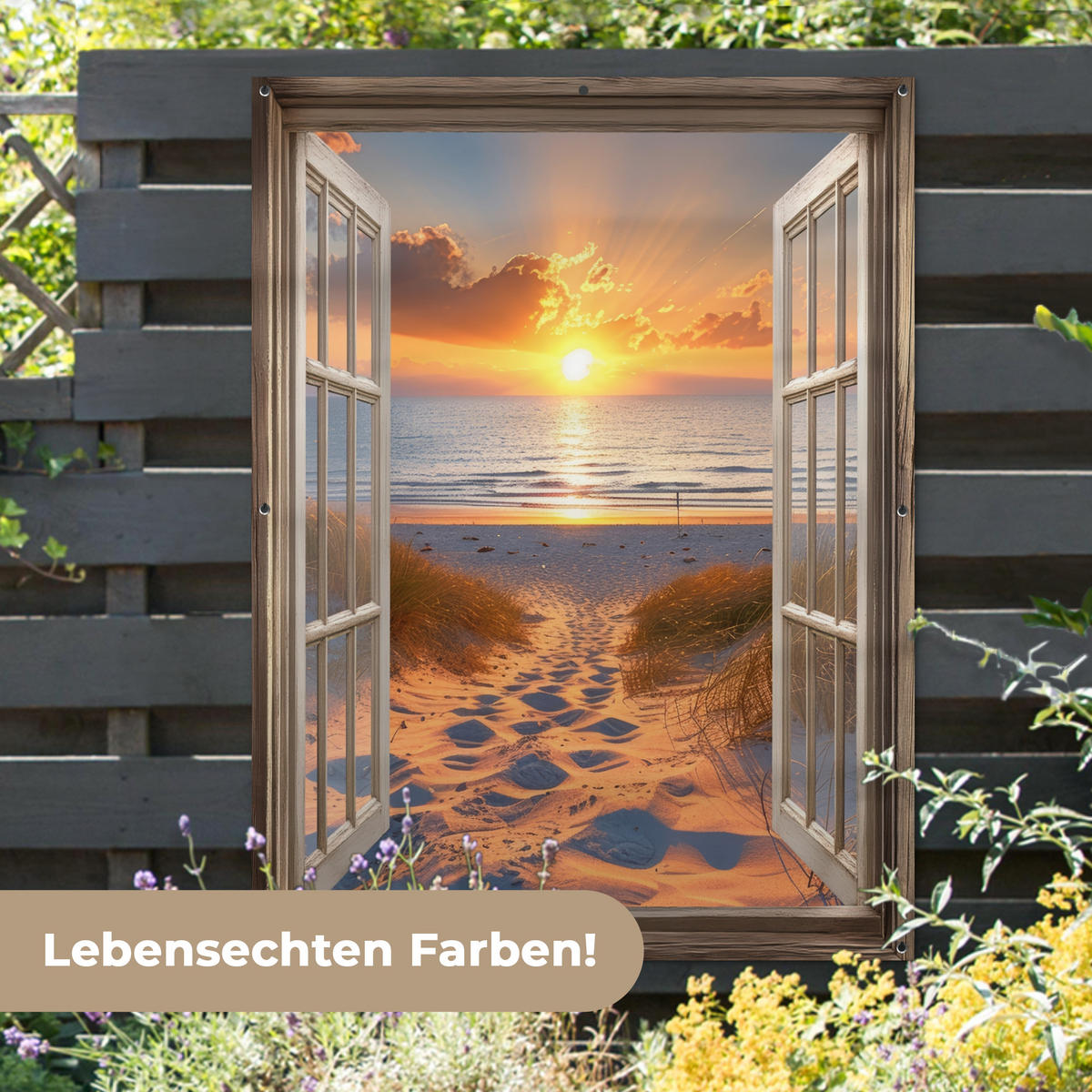 GARTENPOSTER Durchblick - Strand - Dünen - Sonnenuntergang 120x160 cm - Orange, Kunststoff (120/160/0.2cm) - OnlyWow