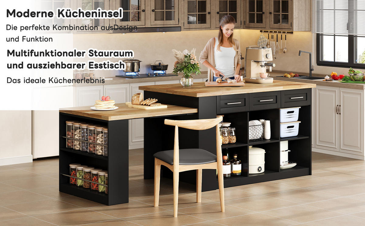 KÜCHENINSEL 150/96 cm, laminierte Holzmaserung, ausziehbarer Esstisch, integrierte Stauschränke - Naturfarben, Holzwerkstoff (150/90/90cm)