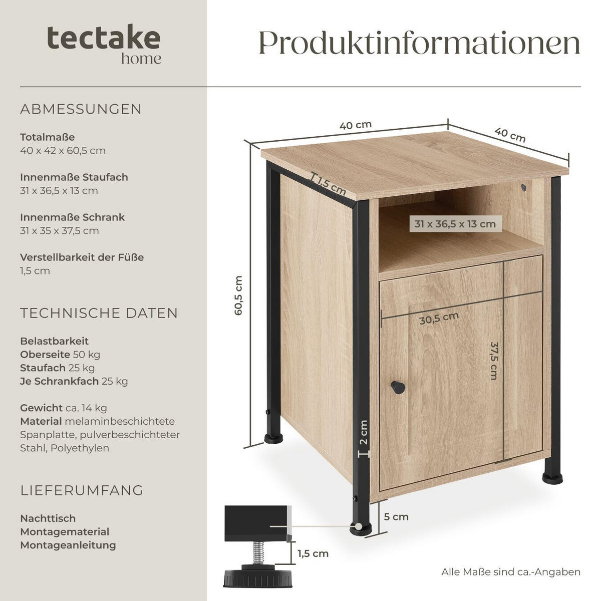 NACHTSCHRANK Blackburn,40 x 42 x 60,5 cm,Industrial Holz hell, Eiche Sonoma - Naturfarben, Holzwerkstoff (40/60.5/42cm) - tectake