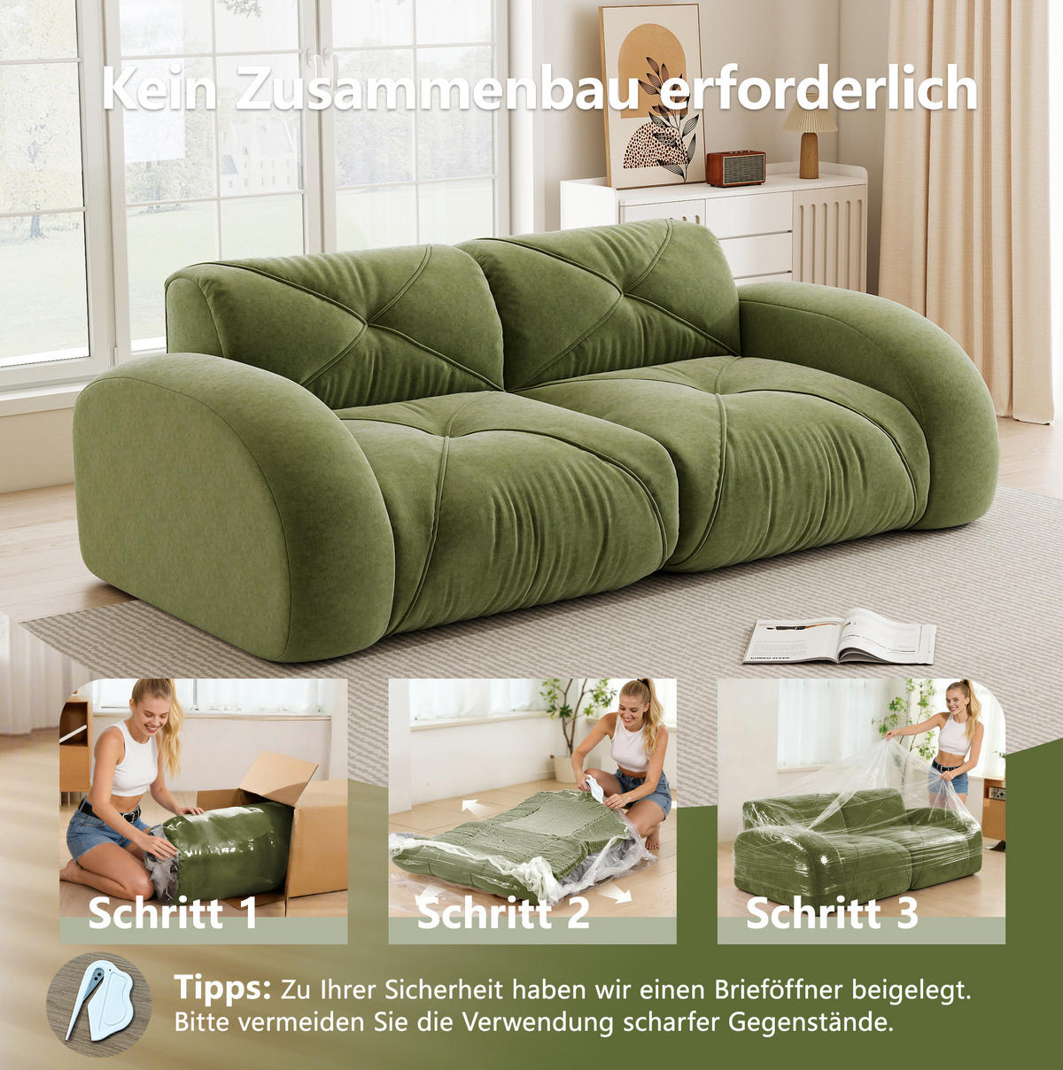 2-SITZER Modulsofa aus Chenille Grün rahmenlos mit 32D-Hochdichteschaum und flexiblem Aufbau - Grün, Textil (204/76/95cm) - Modfu