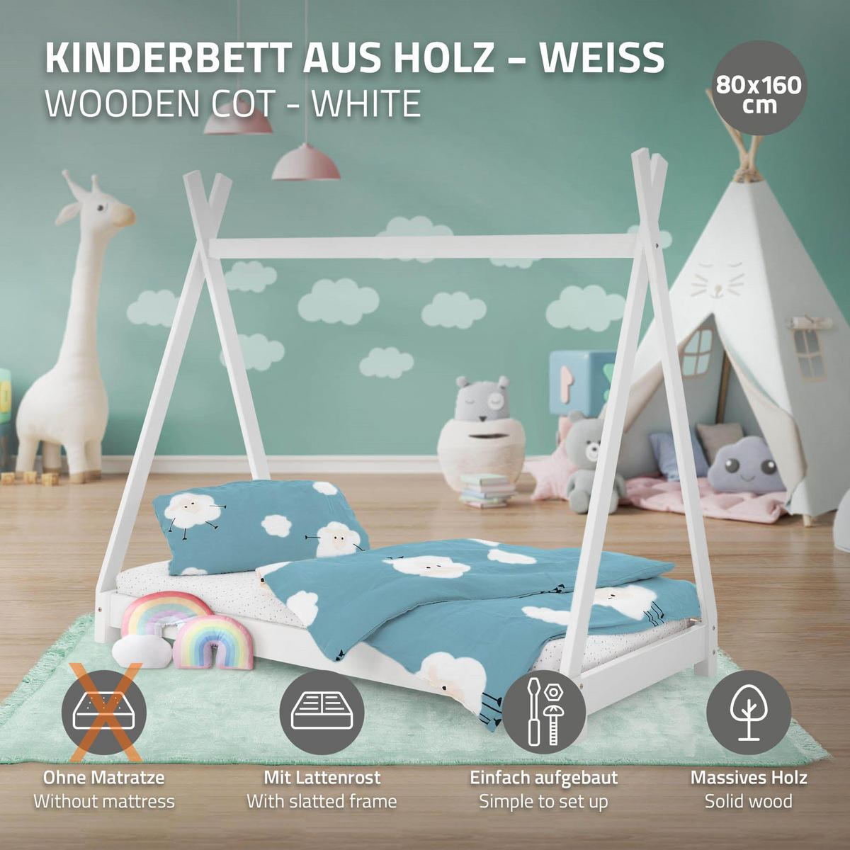 KINDERBETT Tipi 80x160 cm Weiß - Weiß, Holz (80/160cm) - ML-DESIGN