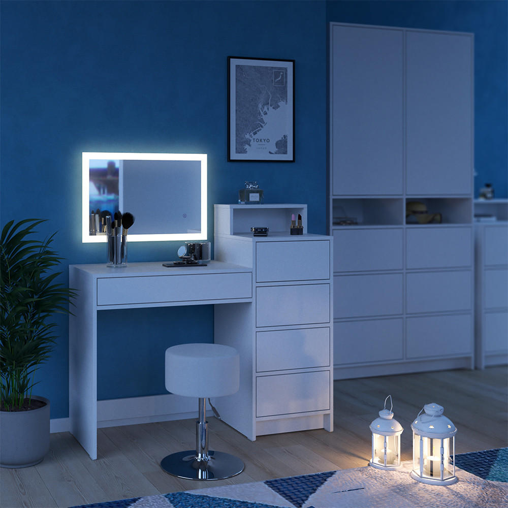 SCHMINKTISCH Naara Weiß 110.5 cm mit LED-Spiegel und Hocker - Weiß, Holzwerkstoff (110.5/100.6/40.3cm) - Vicco