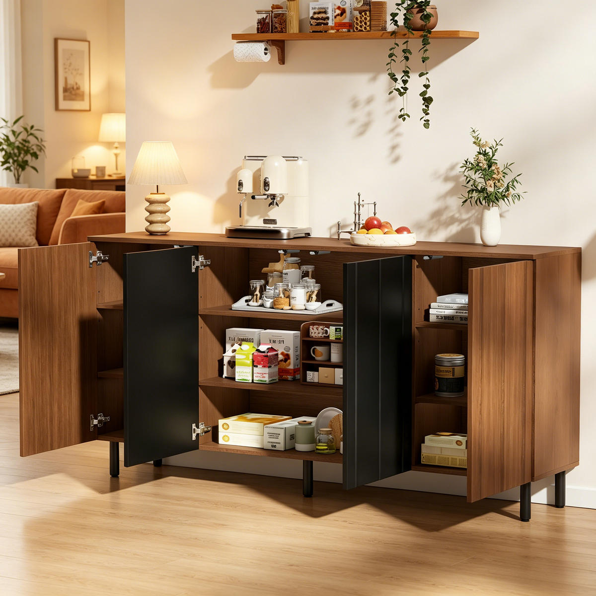 SIDEBOARD in Walnussfarben und Schwarz mit 4 Schranktüren für Küche, B160/T35/H80 cm - Walnussfarben/Schwarz, Holzwerkstoff (160/80/35cm) - STILVORA