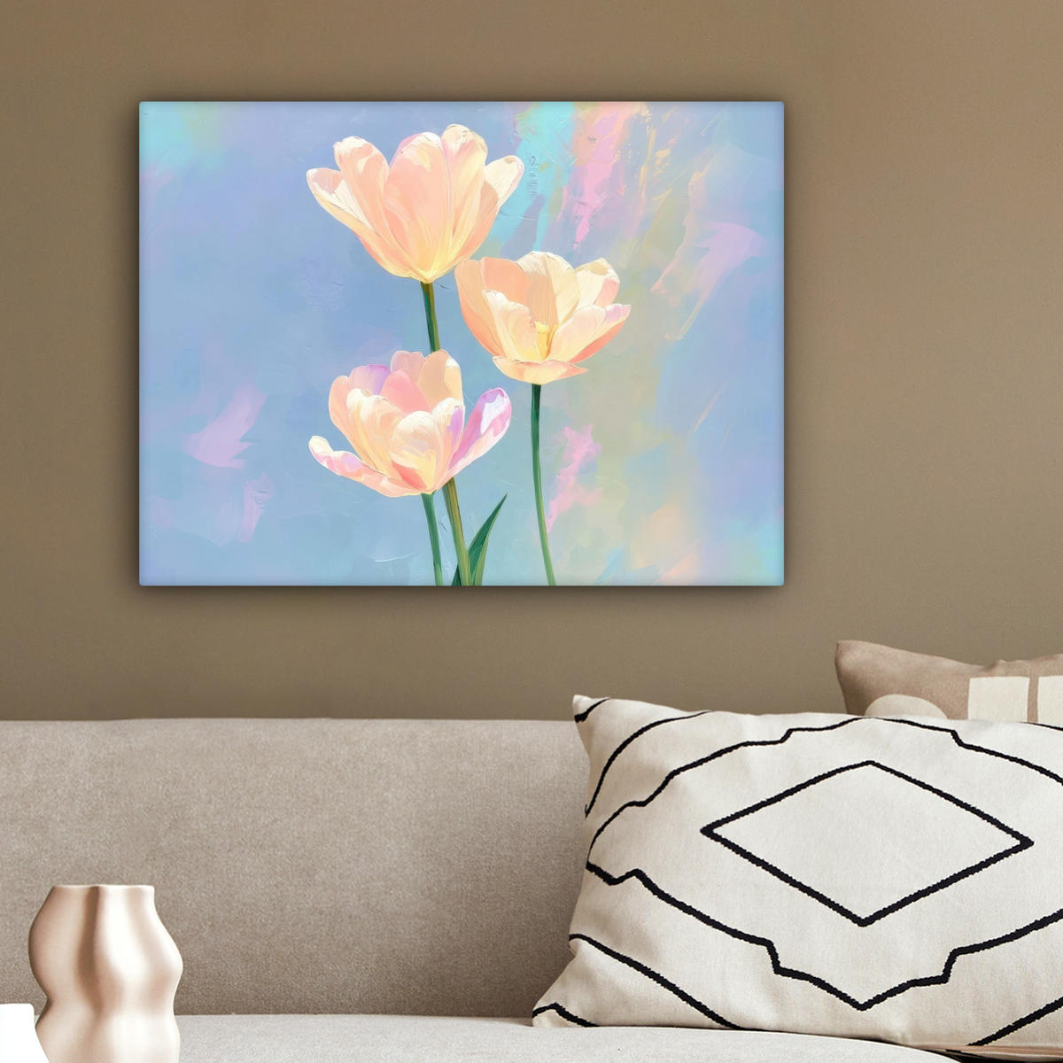 LEINWANDBILD Tulpen - Rosa Akzente - Blau Wandbild 40x30 cm - Pastellblau, Textil (40/30cm) - MuchoWow