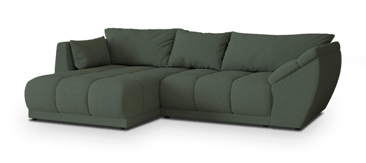 ECKSOFA ORENTI L-S Grün Boucle-Stoff mit Schlaffunktion - Grün, Holz (287/182cm) - MASSENO
