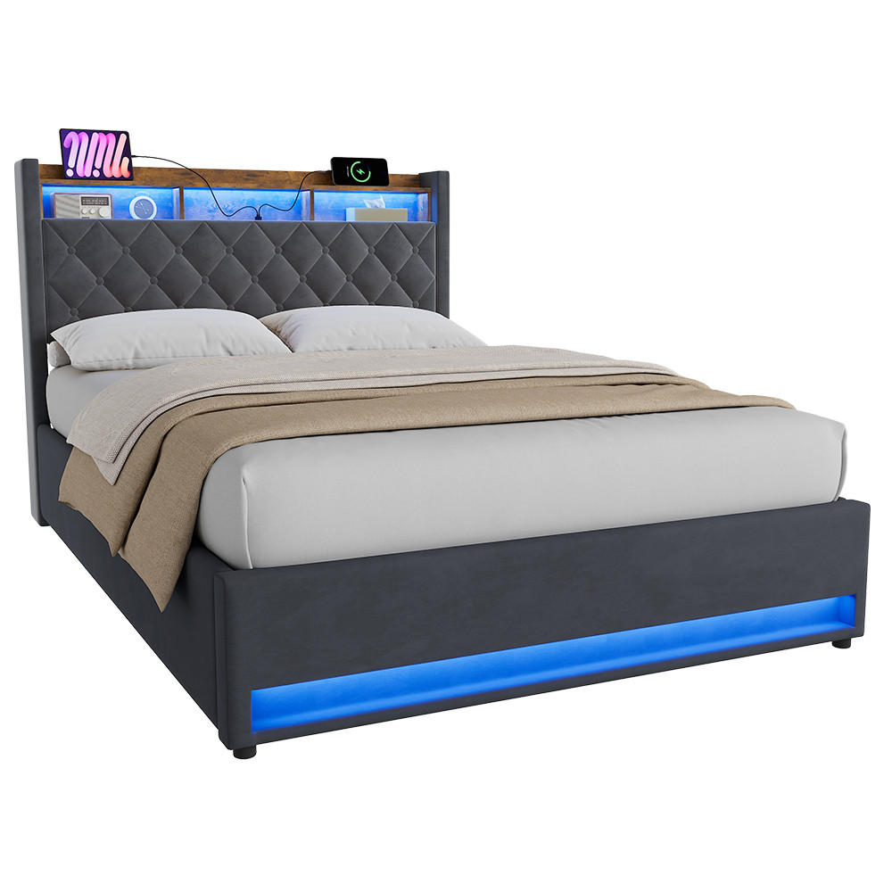 ČALOUNĚNÁ POSTEL 140/200 cm s úložným prostorem a zásuvkou, boxspringová postel s USB a LED osvětlením - šedá, kov/kompozitní dřevo (140/200cm) - STILVORA