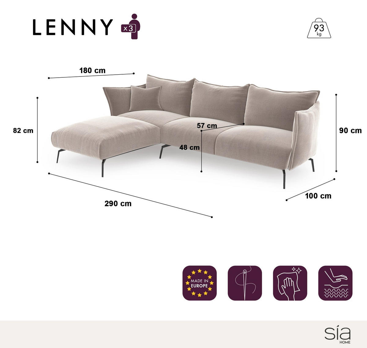 ECKSOFA LINKS Texturierter Samt Smaragdgrün 290cm - Smaragdgrün, Textil (100/290cm) - Sia Home