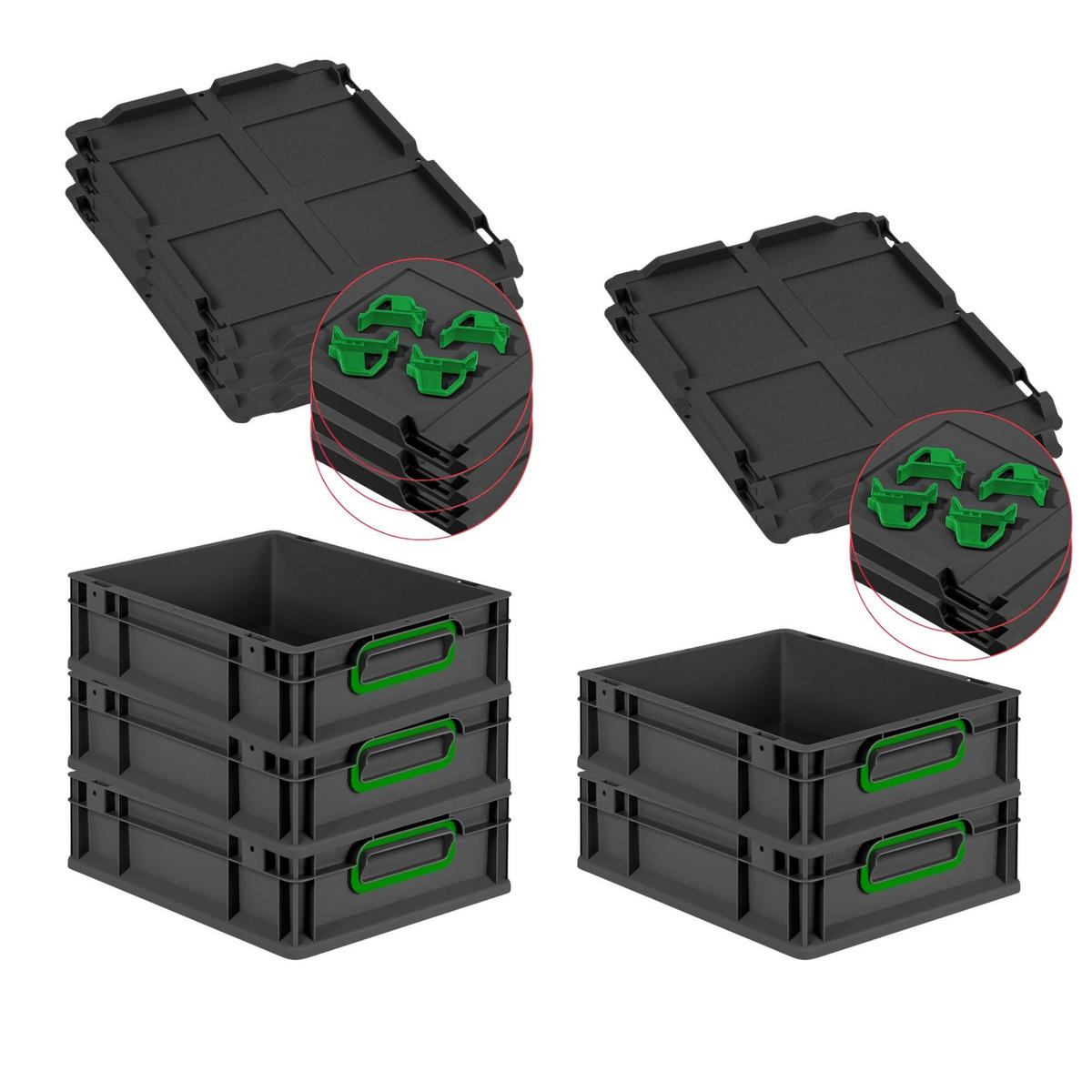 EUROBOX 5x NextGen Color mit Auflagedeckel 12x30x40 cm 11 Liter Schwarz Griffe grün zu - Schwarz/Grün, Kunststoff (30/12/40cm) - PROREGAL