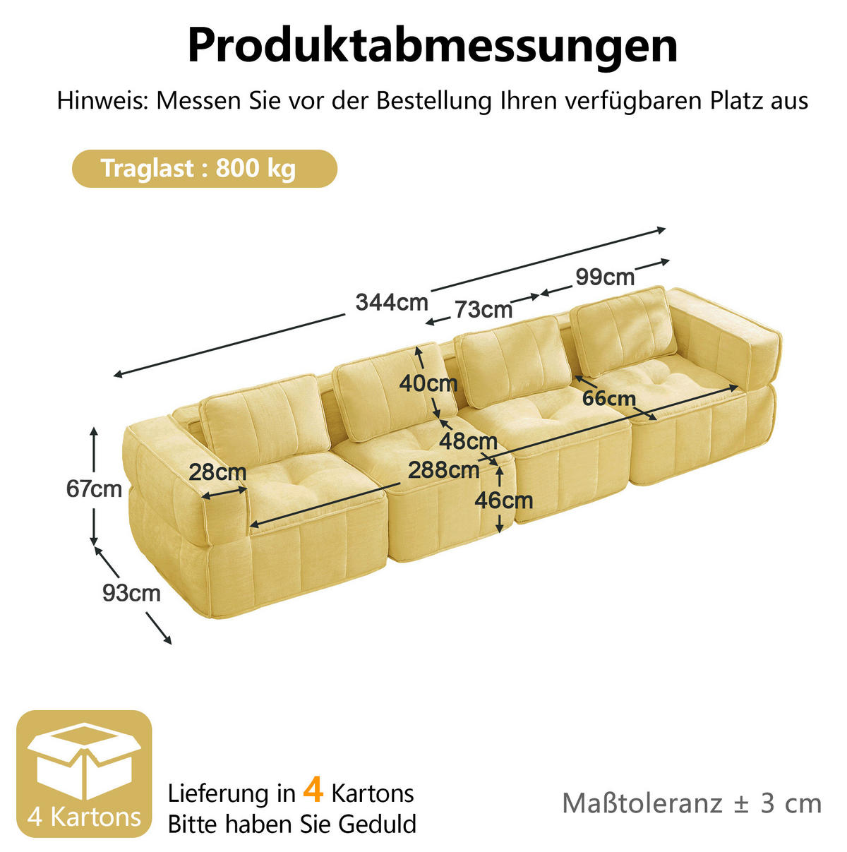SOFA 344/93/67 cm in Gelb aus Polyester mit modularer Form und breiten Armlehnen - Gelb, Kunststoff (93/67/344cm) - Flora Grace