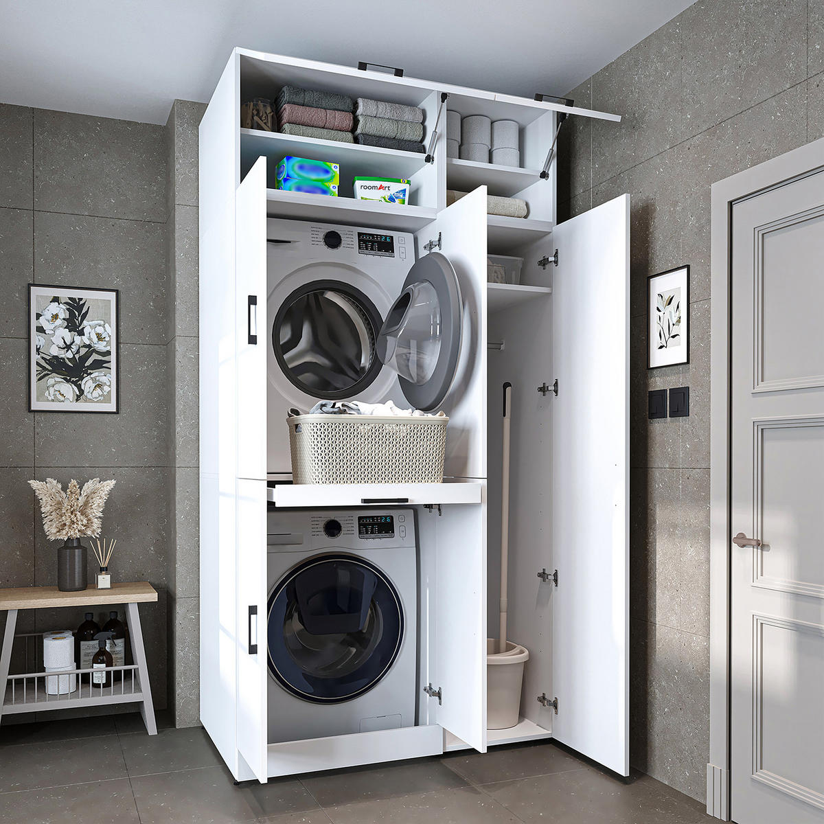 WASCHMASCHINENSCHRANK DORA-I 115cm Breit, 230cm Hoch - Weiß, Holzwerkstoff (115/230/73.8cm)