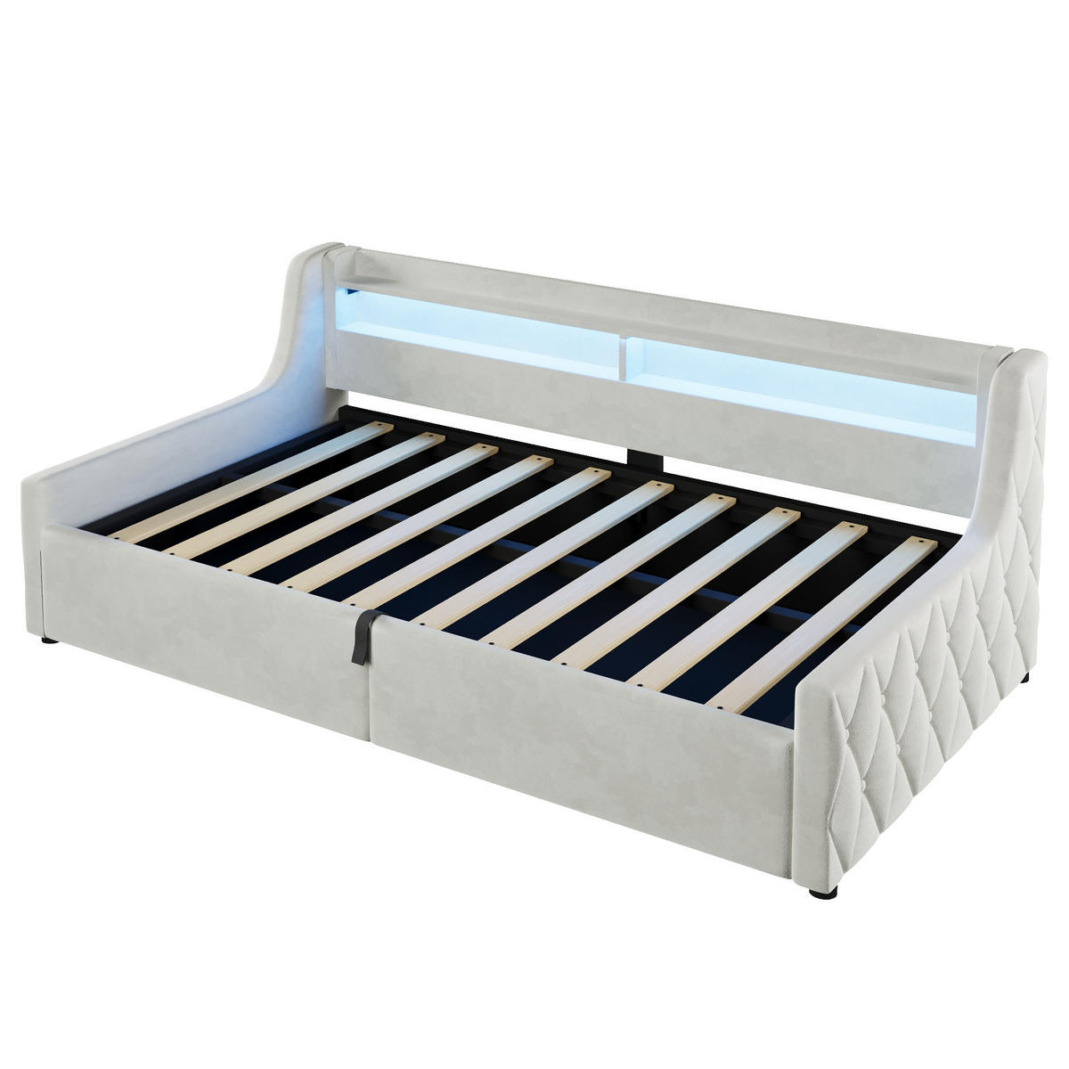BETT mit Stauraum und LED 90x200 cm Off White - Weiß, Metall (90/200cm) - Meubliv