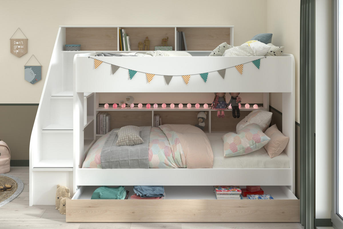 ETAGENBETT Bibop 1 in Weiß und Jackson Eiche mit Bettschubkasten - Weiß, Holzwerkstoff (90/190cm)