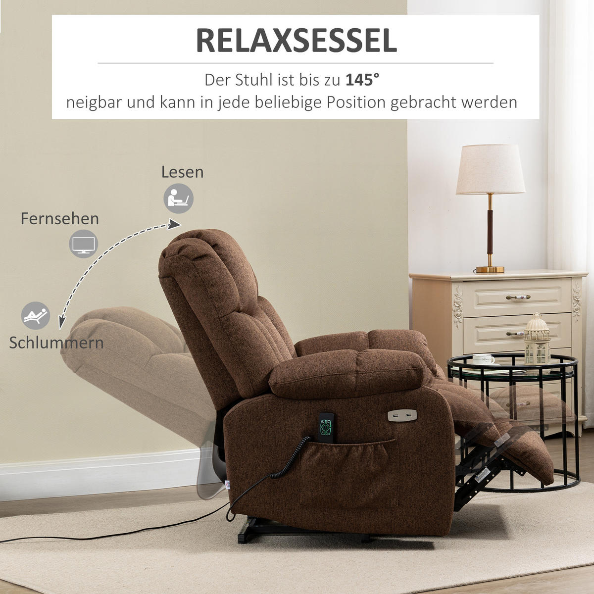 SESSEL mit Aufstehhilfe, Polyester - Braun, Kunststoff (95/107/92cm) - HOMCOM