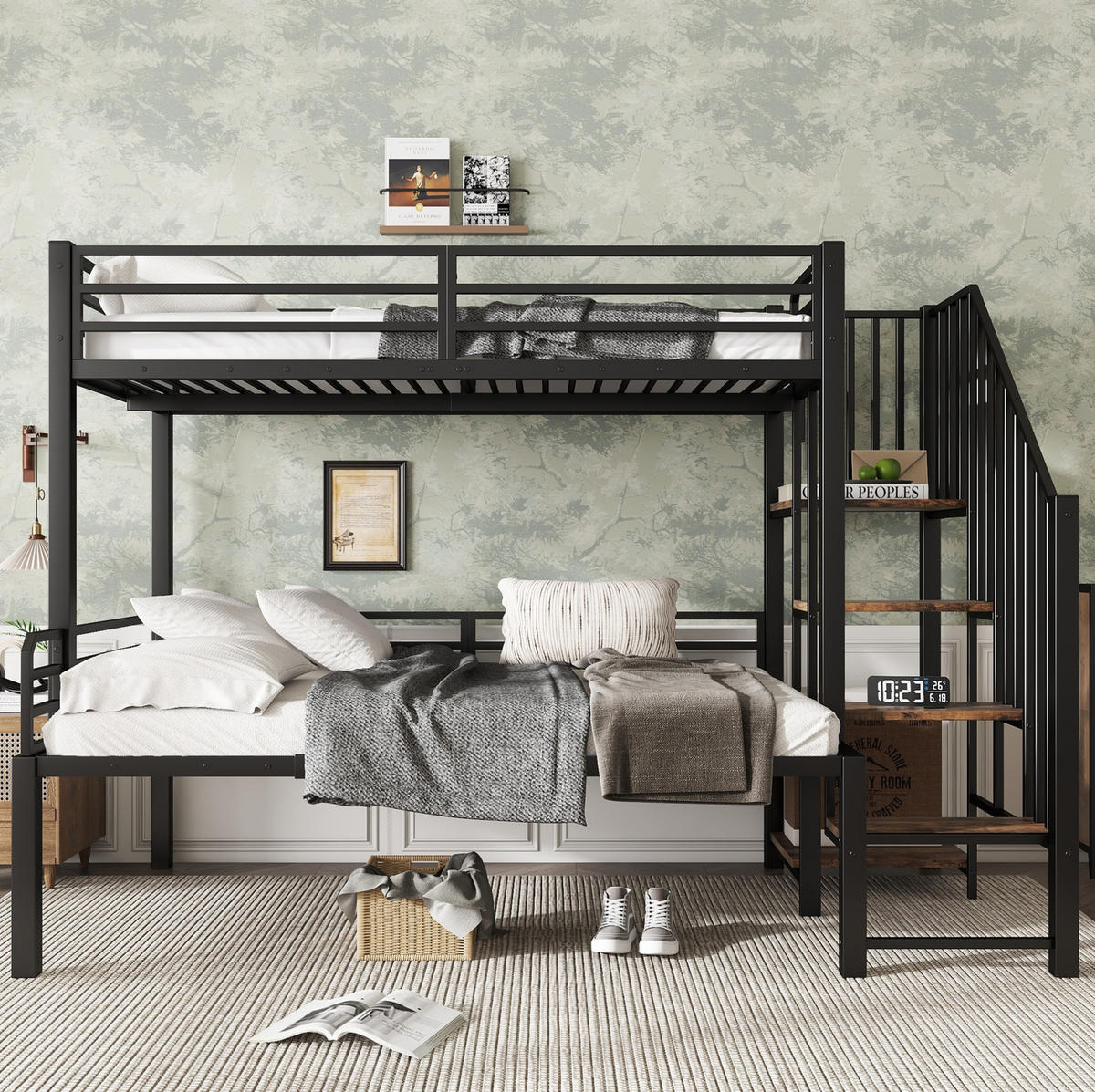 ETAGENBETT 90/120x200 cm in Schwarz mit Eckleiter und Stauraum - Schwarz, Holzwerkstoff (90/200cm) - BEAOK