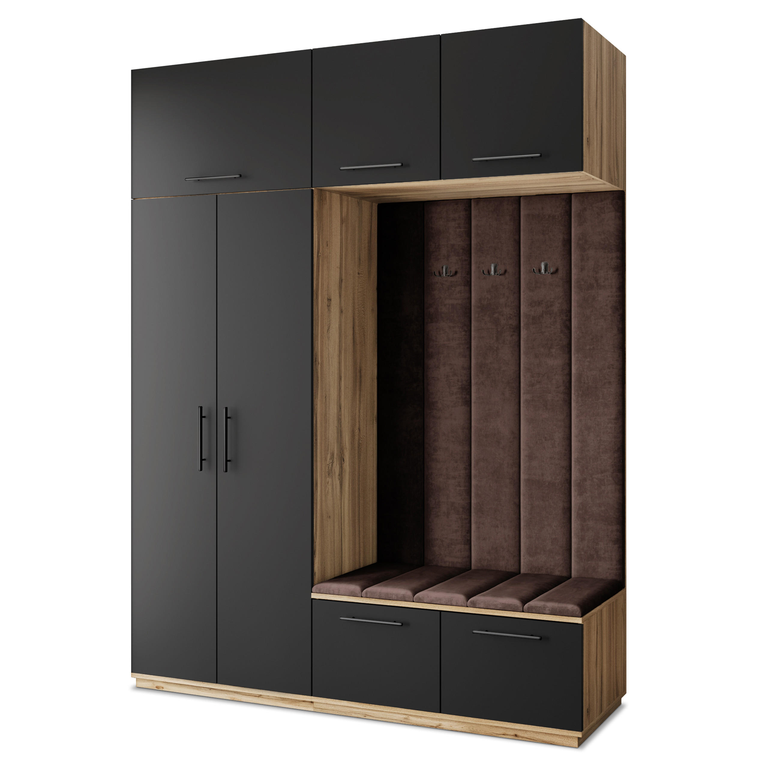 Masseno Garderobenschrank Eiche Wotan, Schwarz, Braun 180x240x60 cm