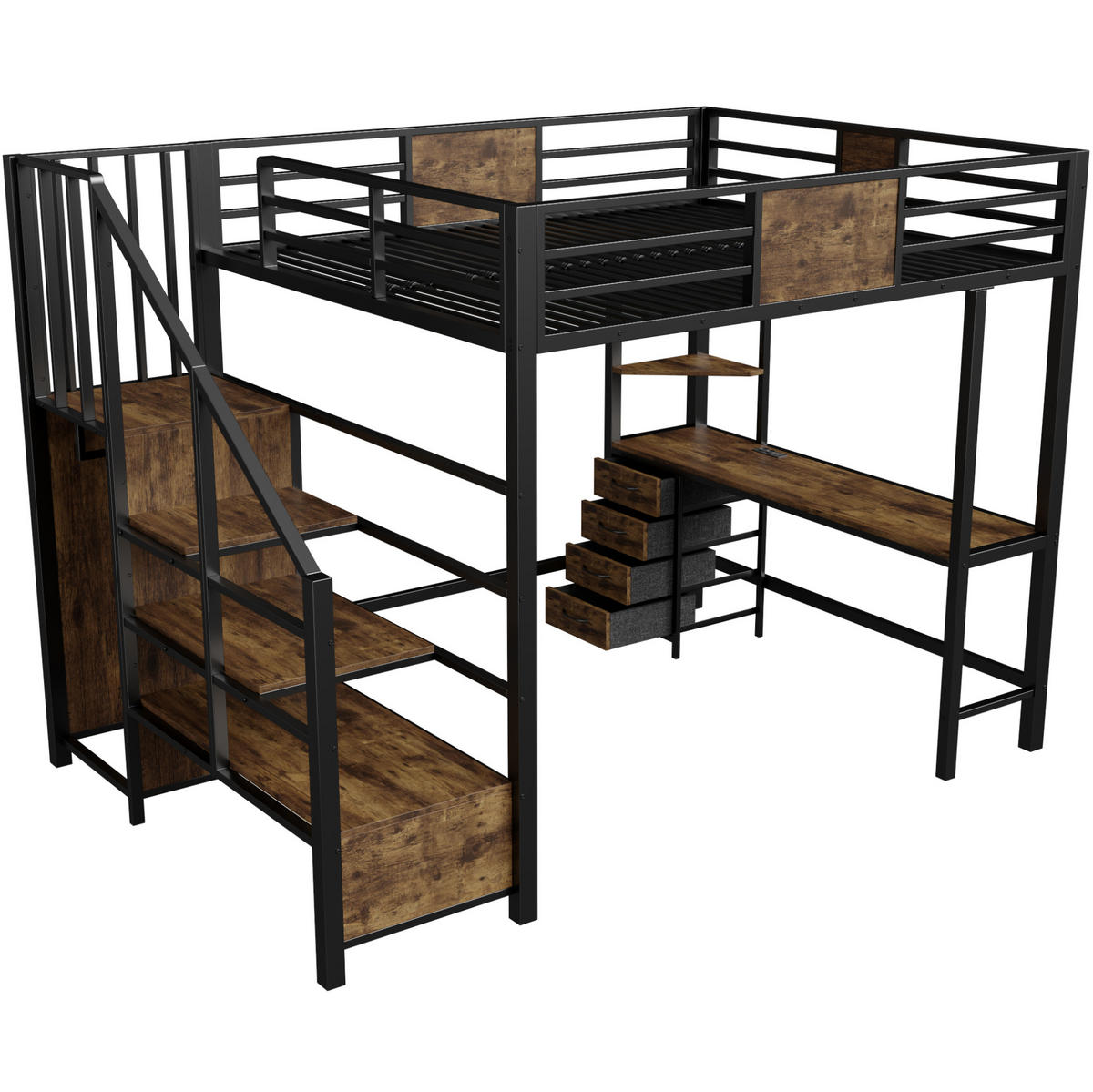 HOCHBETT 140/200 cm aus Metall mit Schreibtisch, Ablagen, Kleiderstange und LED Schwarz - Schwarz, Metall (140/200cm) - Modenvie