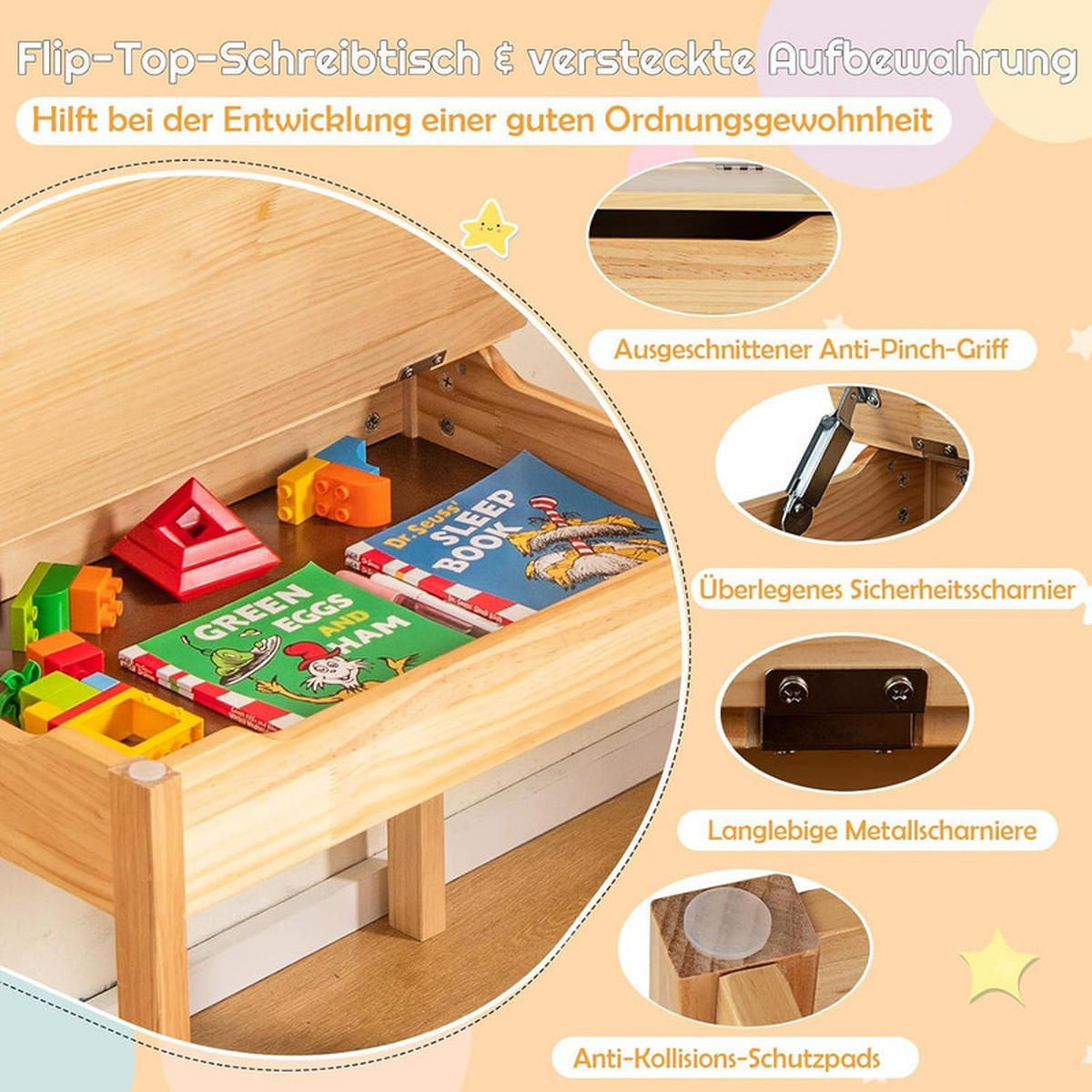 KINDERSCHREIBTISCH mit Stuhl natur(2-tlg) - Naturfarben, Holz (66/58/40cm) - COSTWAY