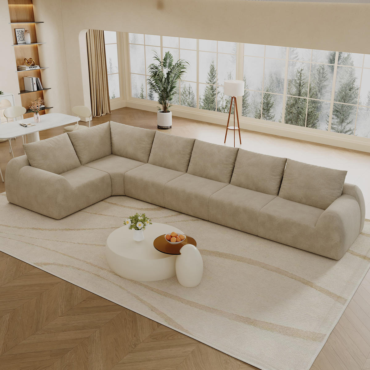ECKSOFA 401/200/85 cm Khaki Chenille, 6-Sitzer - Sandfarben/Schwarz, Textil (401/200cm) - Oxeza