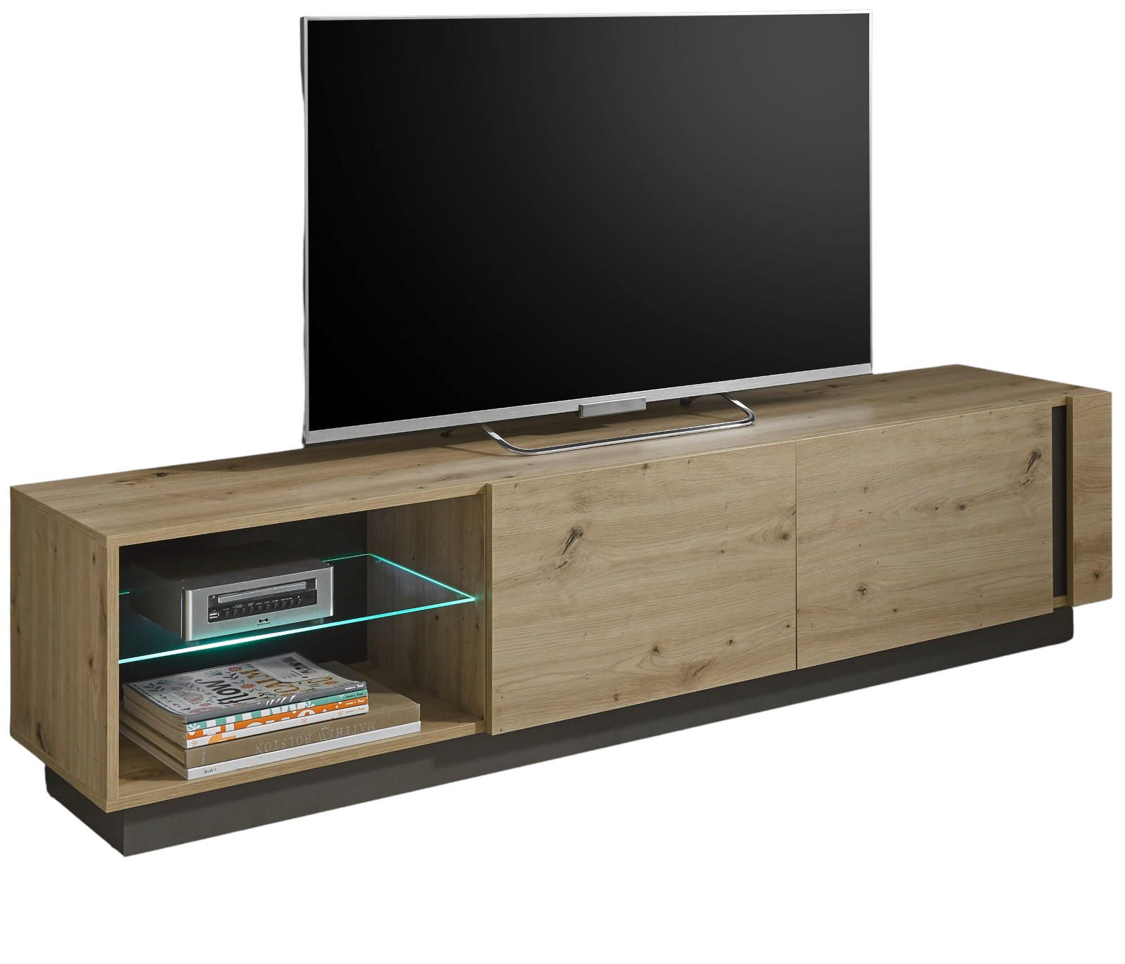 TV-LOWBOARD Eiche Artisan, Graphit grau 188 cm, TV-Unterteil mit Push-to-open - Eiche Artisan/Grau, Glas/Holz (188/46/40cm) - Furn.Design