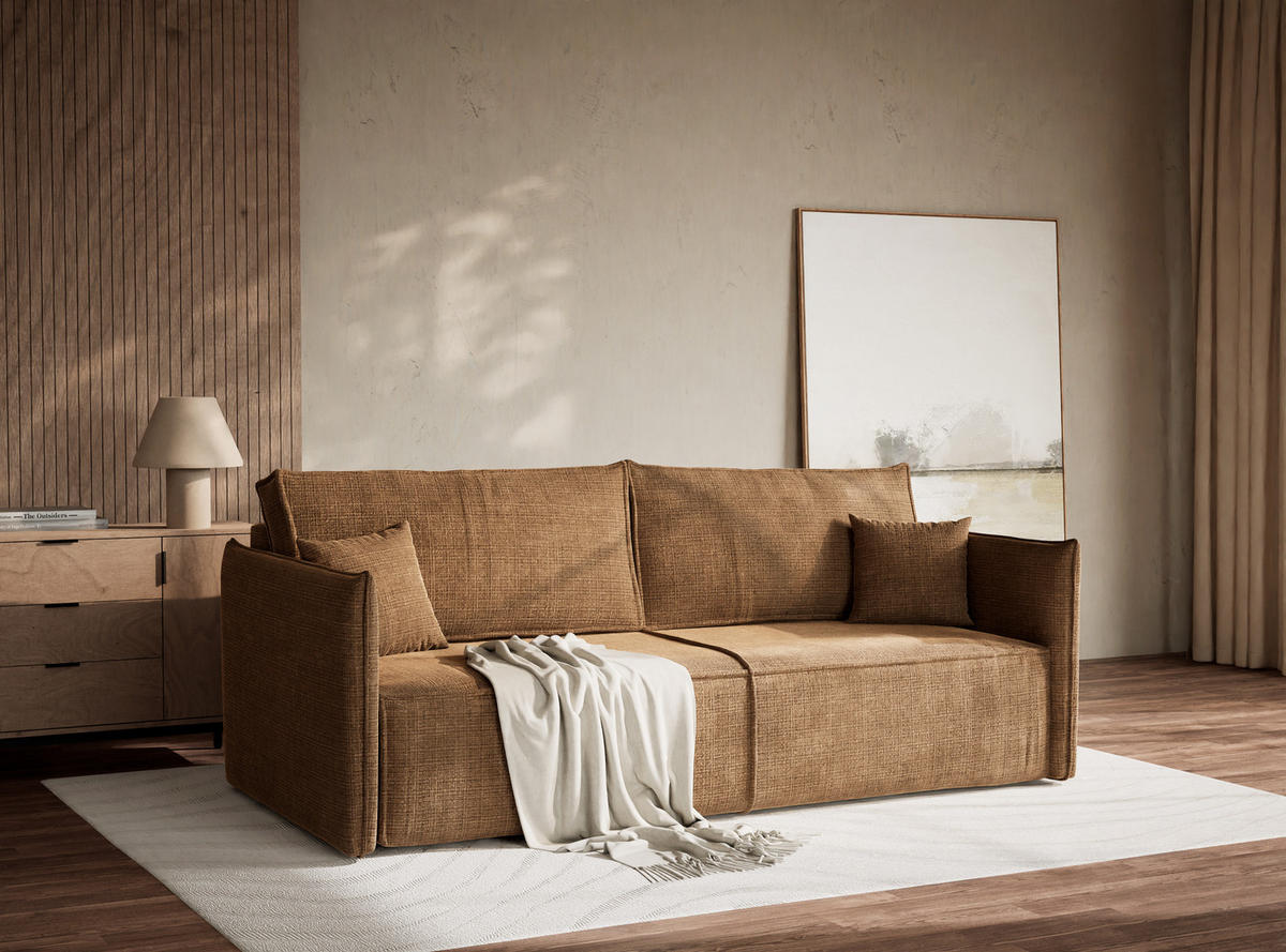 SOFA MIT SCHLAFFUNKTION Obra Hellbraun Chenille-Stoff - Hellbraun/Schwarz, Holz/Holzwerkstoff (220/70/107cm) - Maison de Reve