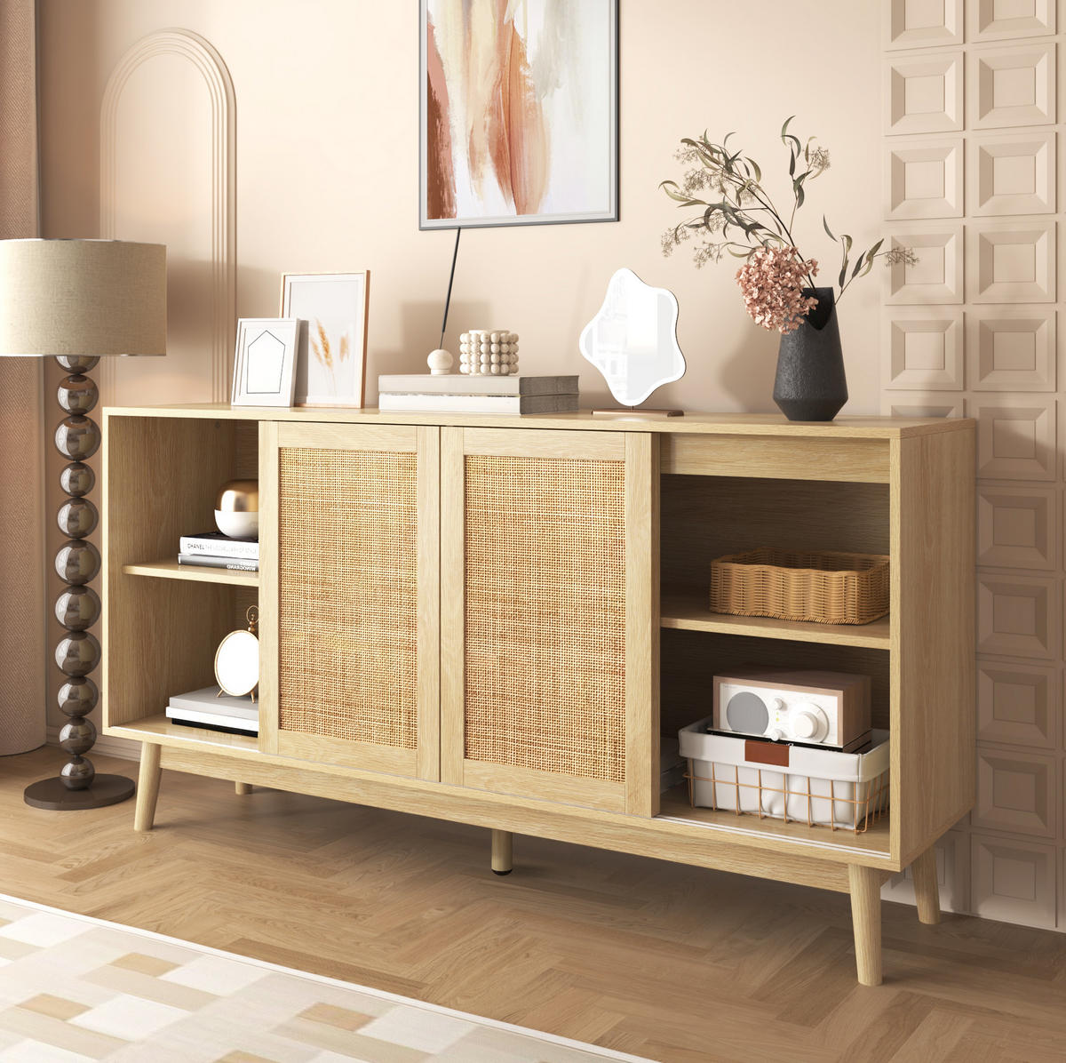 SIDEBOARD mit Schiebetüren und 2 Schubladen 155 x 38 x 80 cm Rattan Holz - Hellbraun, Holzwerkstoff (155/80/38cm) - Meubliv