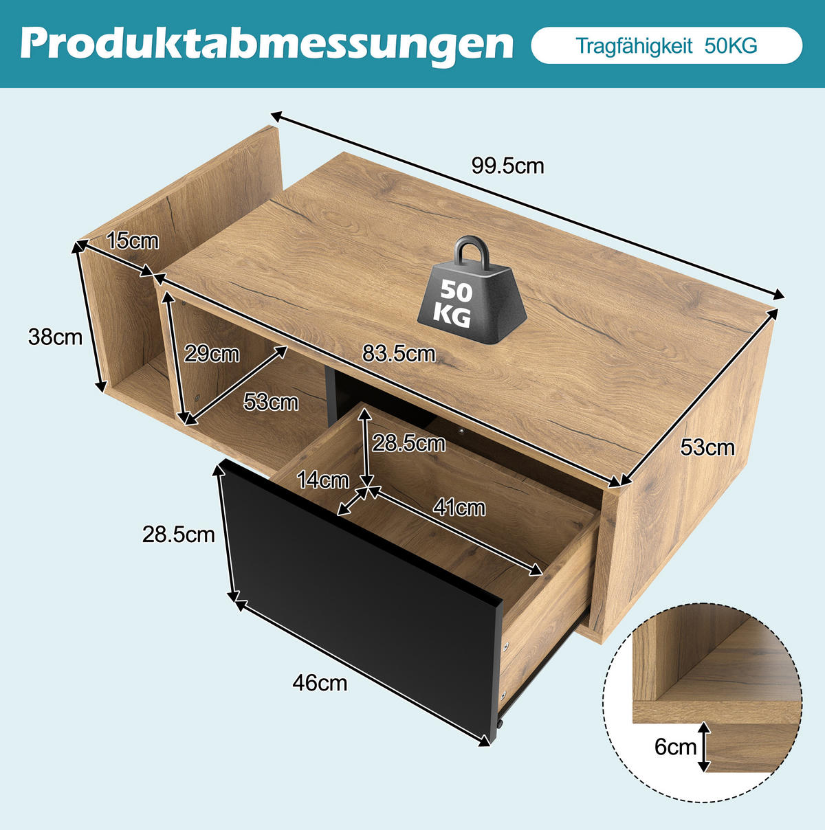 COUCHTISCH aus Holzwerkstoff 99,5x53x38 cm Natur mit LED-Beleuchtung, Schublade und offenem Fach - Naturfarben, Holzwerkstoff (99.5/53/38cm) - IVMEU