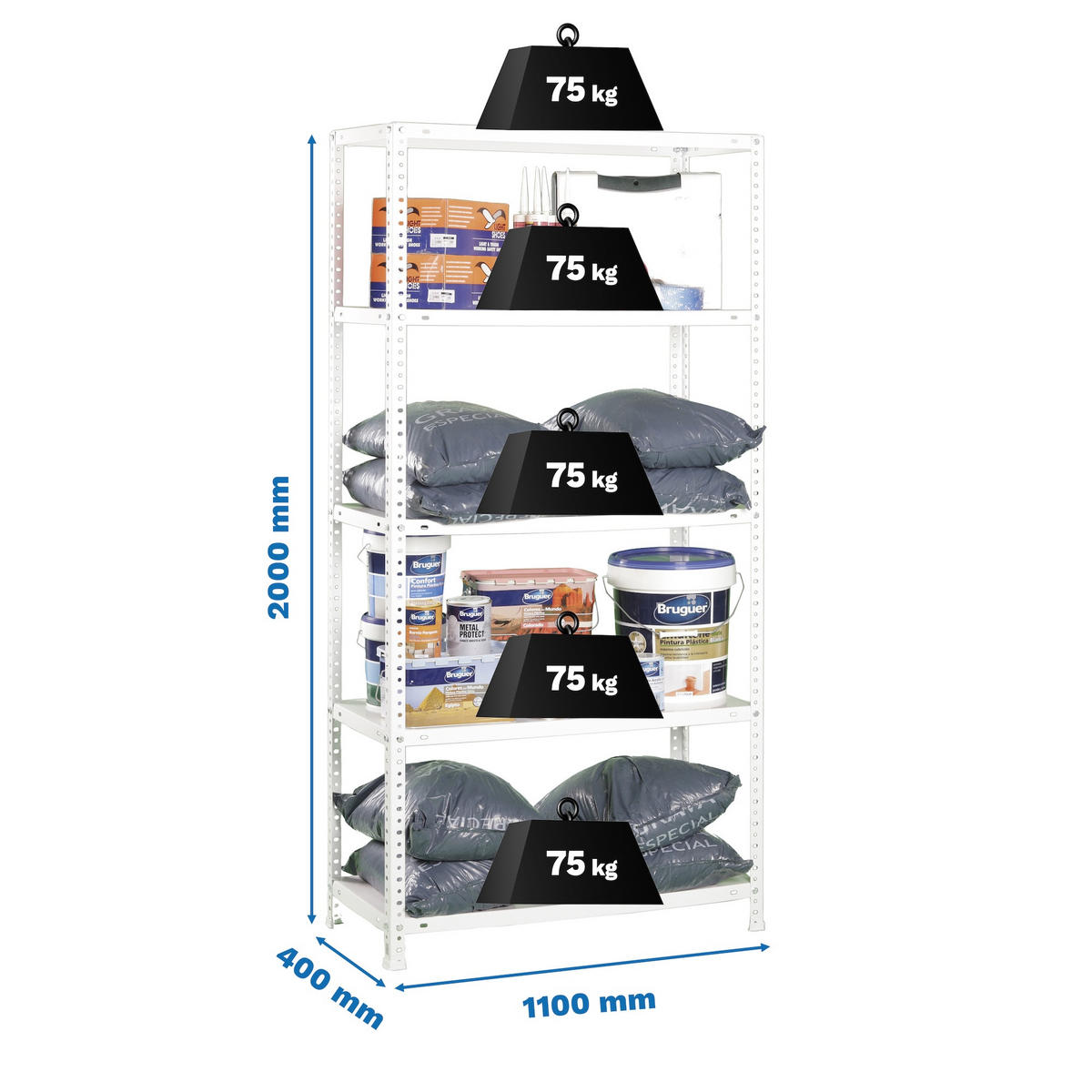 SCHRAUBREGAL PANDA TALL | HxBxT 200x110x40cm | 5 Fachböden | Fachlast 75kg | Weiß - Weiß, Metall (110/200/40cm) - PROREGAL