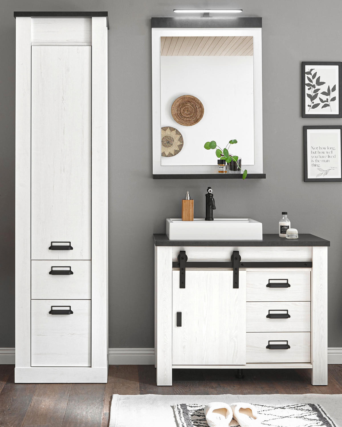 BADMÖBEL-SET 5-teilig weiß Pinie, anthrazit Landhaus, Badkombination mit Waschbecken und Spiegellampe - Anthrazit/Weiß, Holzwerkstoff/Metall (166/210/43cm) - Furn.Design