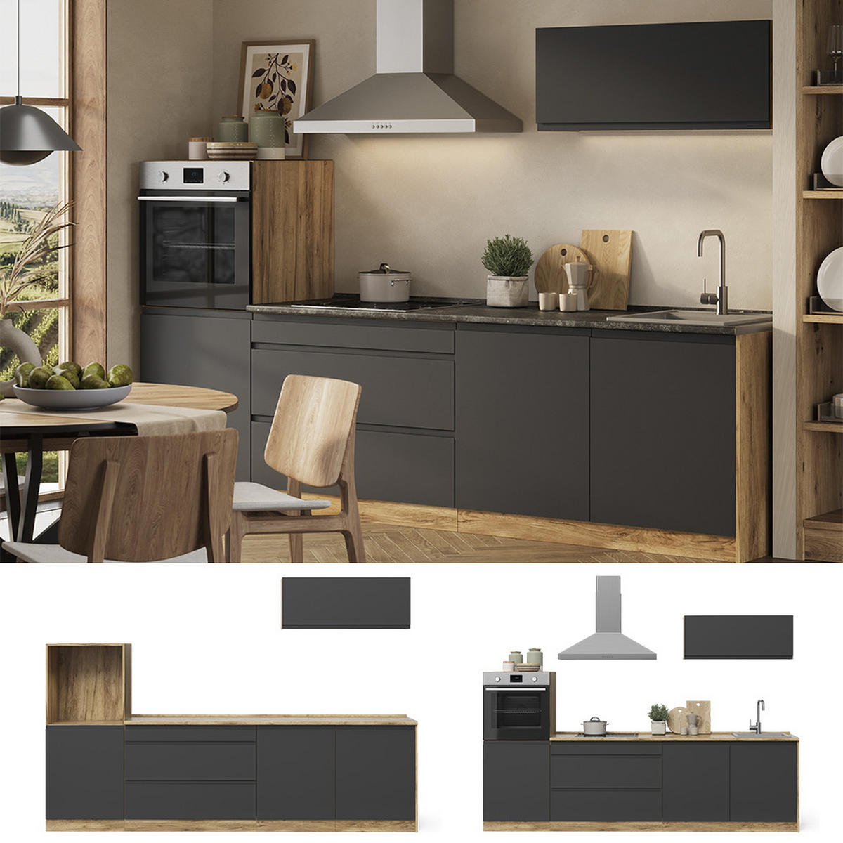 KÜCHENZEILE R-Line, Anthrazit/Goldkraft Eiche, 280 cm Arbeitsplatte Weiß - Eichefarben/Anthrazit, Holzwerkstoff (280/143/60cm) - Vicco