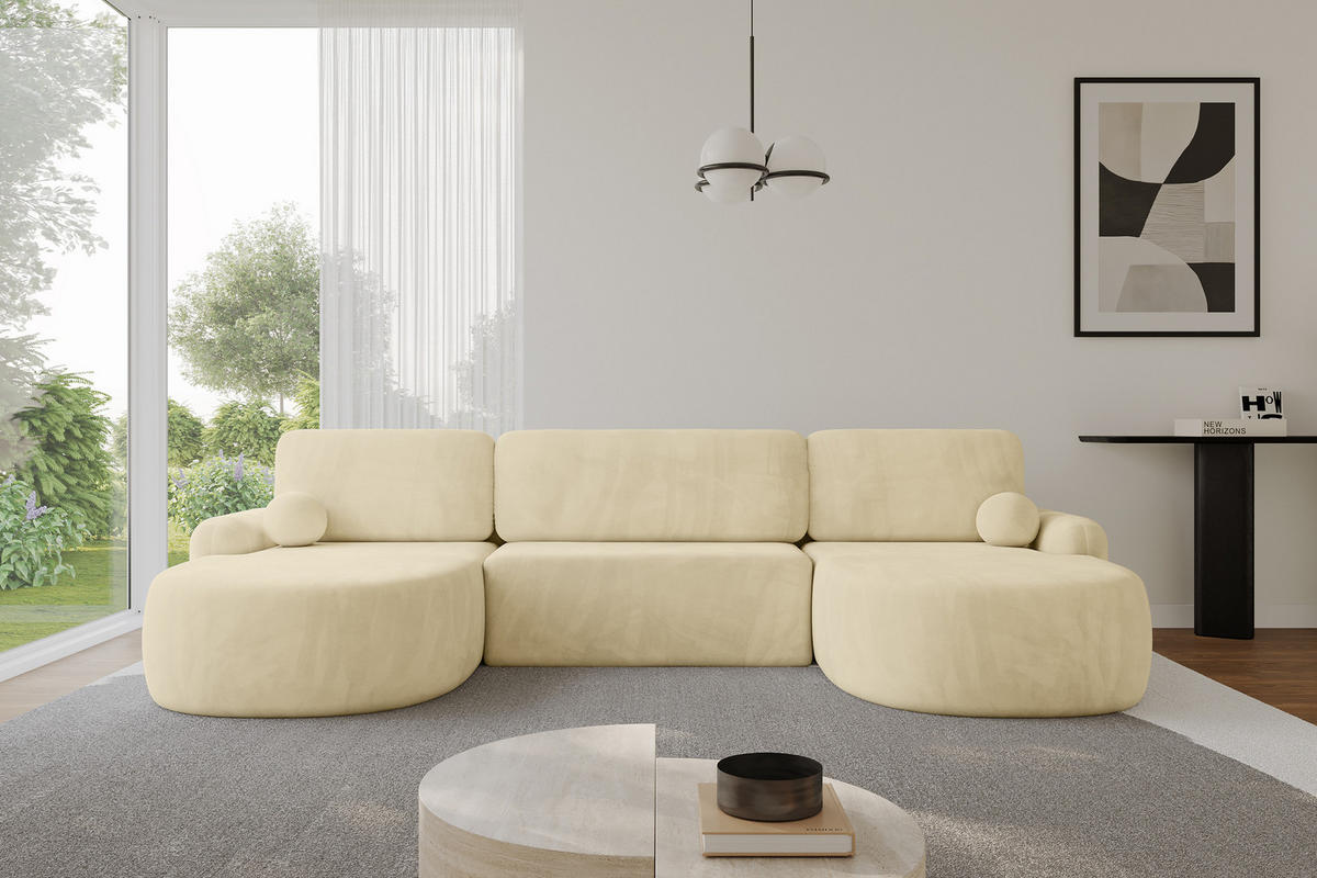 WOHNLANDSCHAFT mit Schlaffunktion und Bettkasten LIRA-U - 335x172x89 Beige - Ecru, Holzwerkstoff/Textil (335/89/172cm) - ALTDECOR