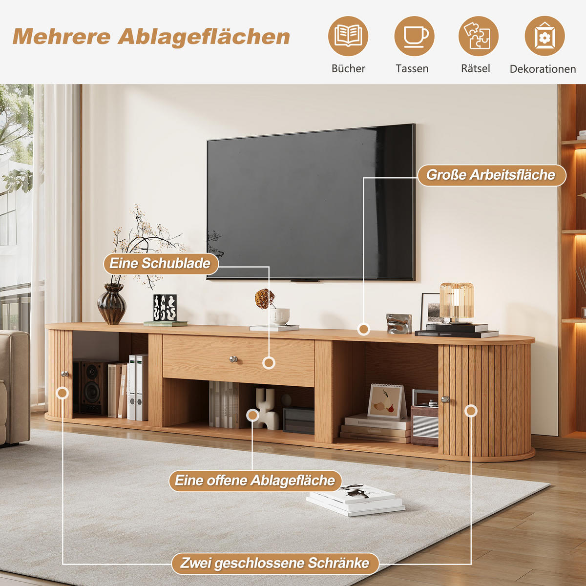 TV-SCHRANK 180x40x40cm Holzfarbe mit 2 Rollo-Türen - Naturfarben, Holzwerkstoff (180/40/40cm) - FLIEKS