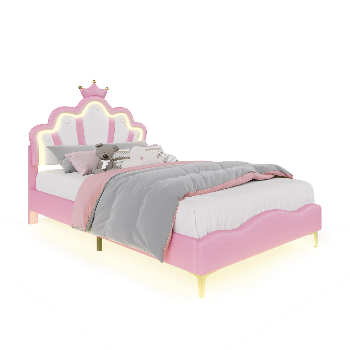 ČALÚNENÁ posteľ 140x190 cm s LED osvetlením, korunou a PU poťahom, ružová - ružová, kov (140/190cm) - EuroLiving