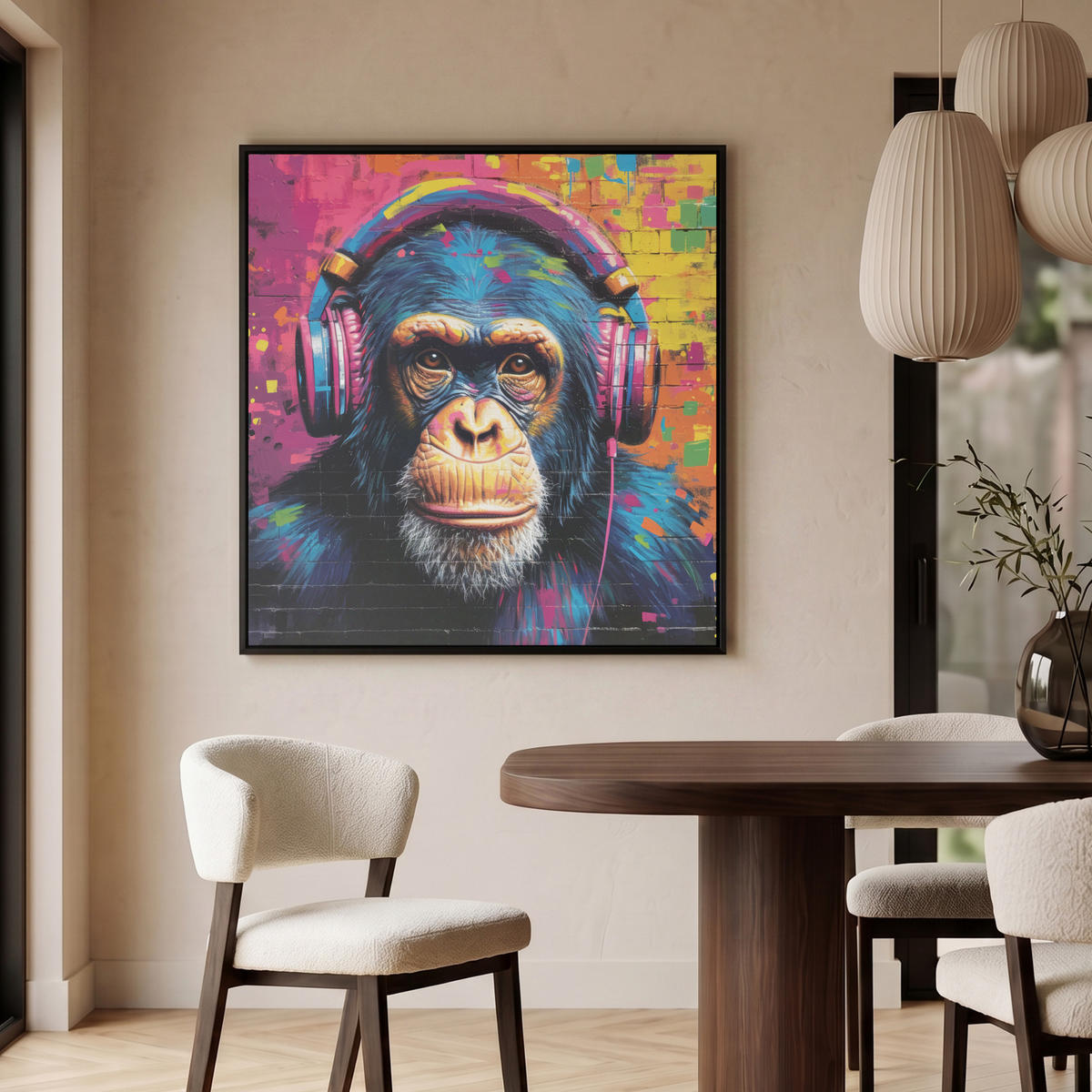 LEINWAND Bilder mit Rahmen - Graffiti - Schimpanse - Straßenkunst - Kopfhörer - Affe - 90x90 - Blau, Textil (90/90cm) - MuchoWow