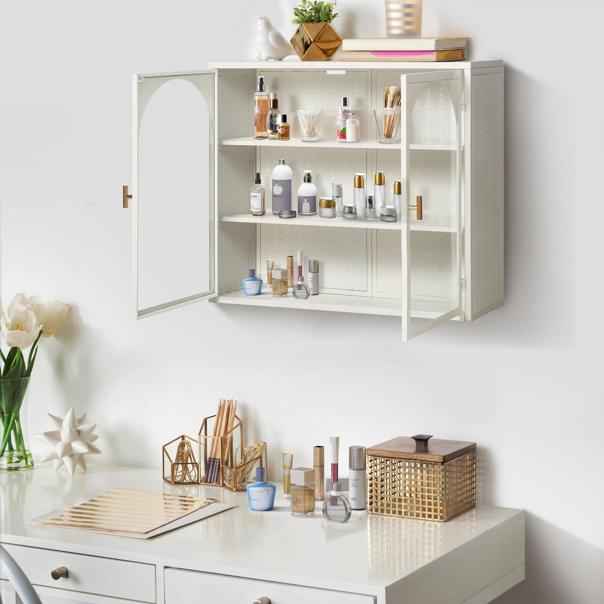 KÜCHENOBERSCHRANK 70x23x60 cm Weiß aus Metall & Sicherheitsglas mit gewebtem Design & 3 Ablagen - Weiß, Glas (70/60/23cm) - Modfu