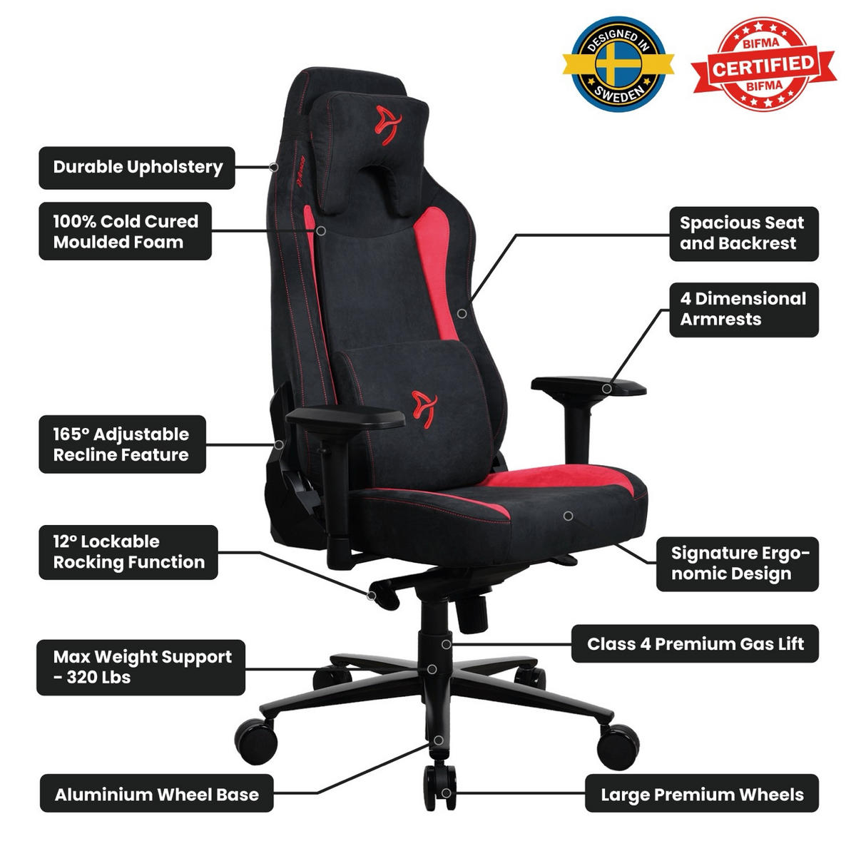 GAMINGSTUHL Vernazza Supersoft™ Stoff Schwarz/Rot - Rot/Schwarz, Textil/Metall (68/135/50cm) - Arozzi