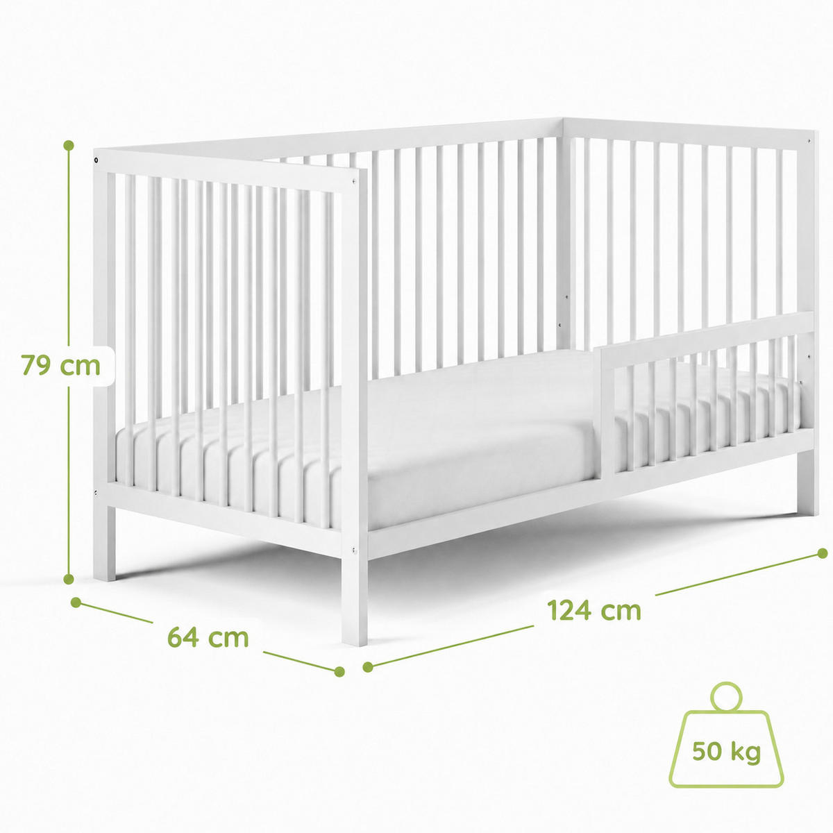 BABYPOSTÝLKA s poloviční boční zábranou 60x120 cm v bílé barvě - bílá, dřevo (60/120cm) - Kids Collective