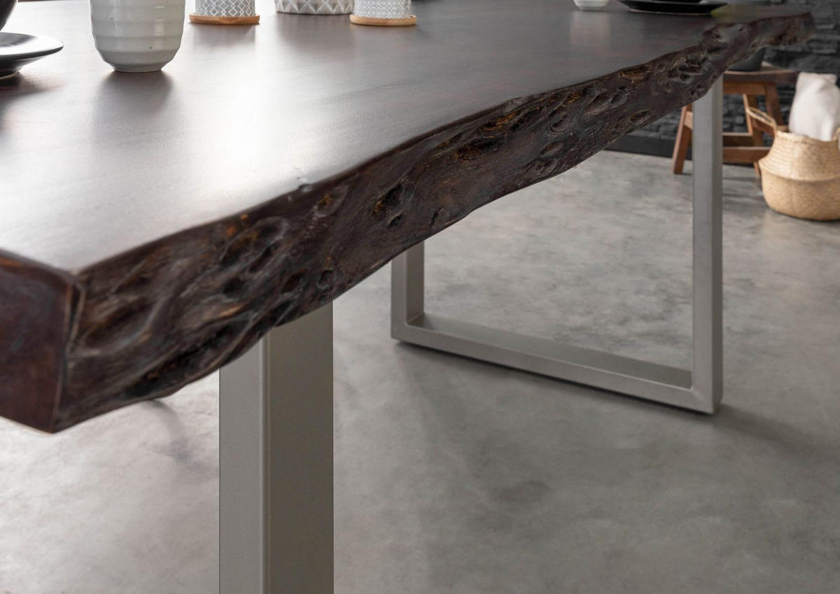 BAUMTISCH Akazie 220x100x77 braun lackiert / U-Beine silber matt FREEFORM 5 - Silberfarben/Braun, Holz (220/100/77cm) - Massivmoebel24