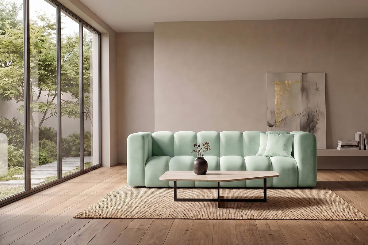 SOFA 3-Sitzer Modulares, Velvet-Stoff Riviera, Mintz, GRAND - Mintgrün, Holz (230/70/89cm) - Kaiser Möbel