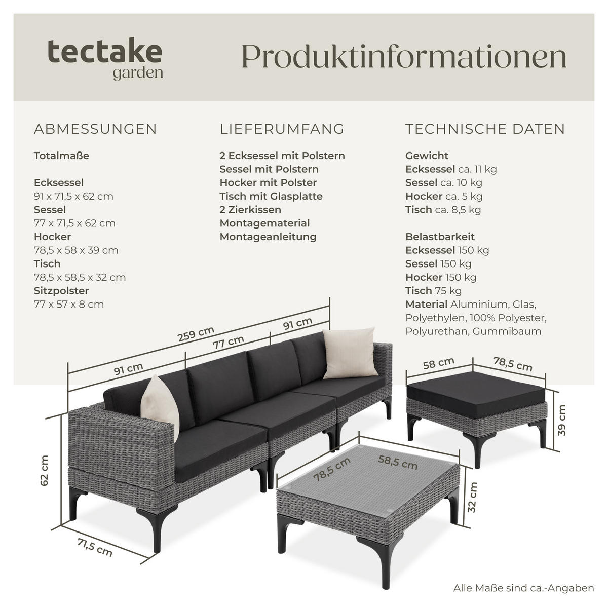 RATTANLOUNGE Konstanza,mit Sicherheitsglasplatte,grau - Grau, Metall - tectake