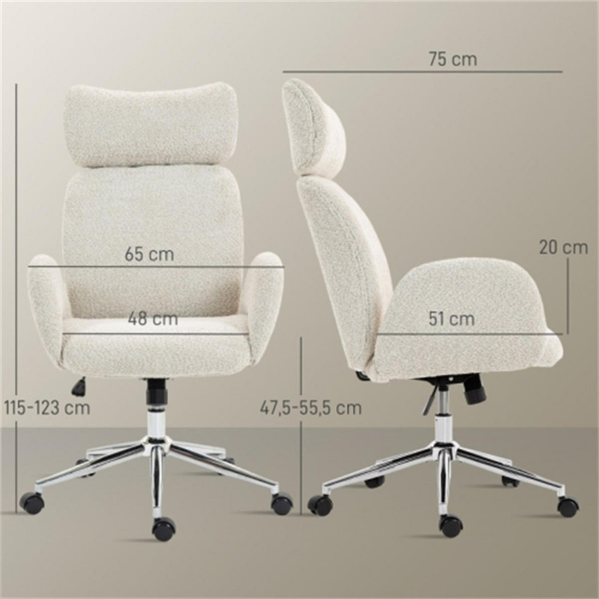 DREHBARER Bürostuhl Ergonomisch Hellgrau, höhenverstellbar & drehbar, Metall-Polyester-Bezug, 75 x 65 x 123 cm - Weiß, Metall (75/123/65cm) - Albatros