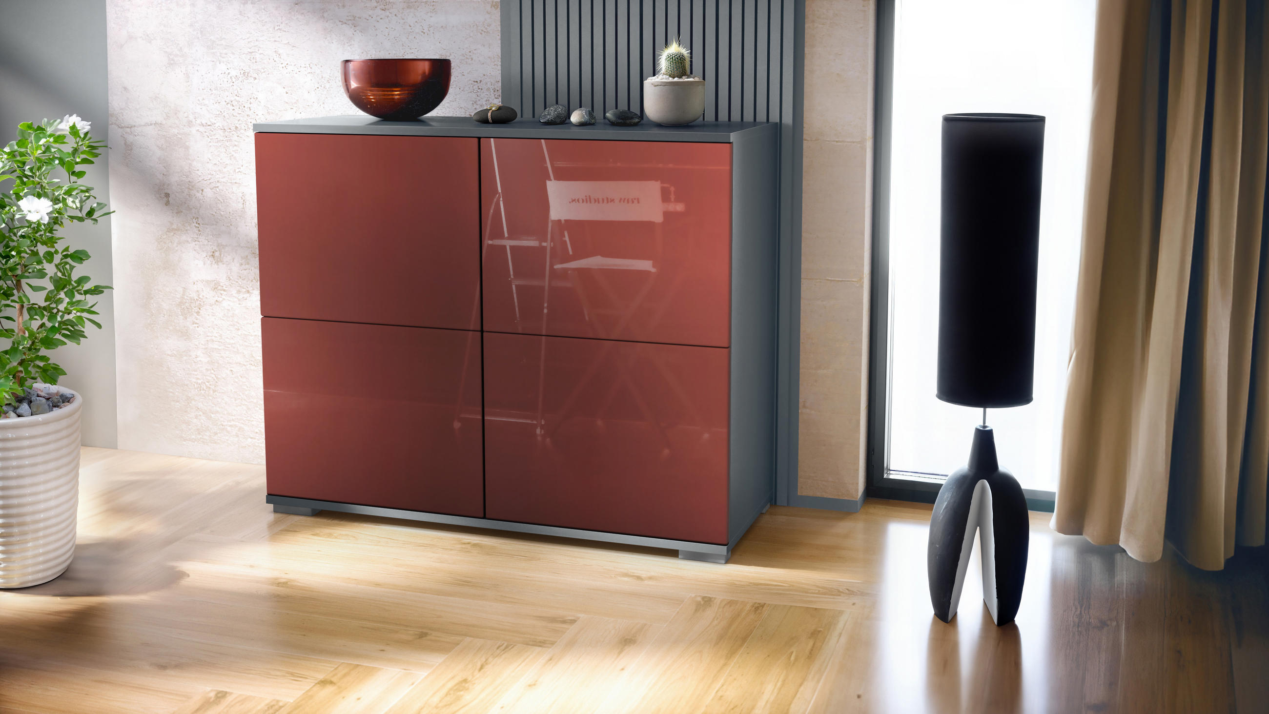 KOMMODE Rova Bordeaux Hochglanz - Bordeaux, Holzwerkstoff (92.5/75.5/35cm) - Vladon