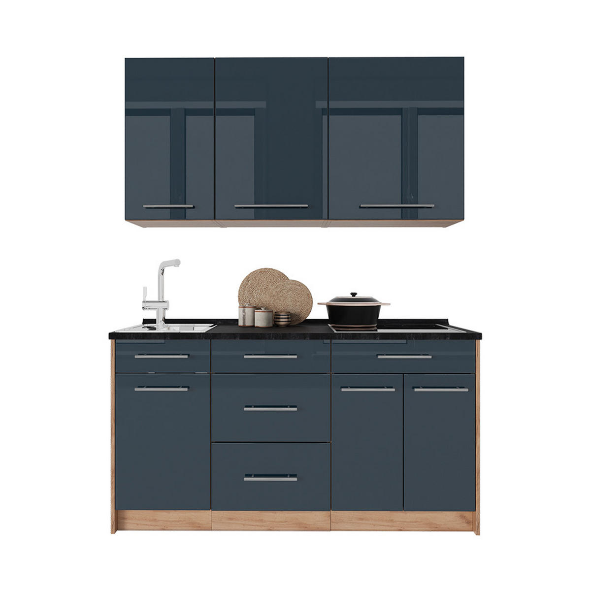SAMOSTATNÁ KUCHYŇA Fame-Line, Tmavo modrá vysoký lesk/Dub Goldkraft, 150 cm, AP Marble - tmavomodrá/dub medový, kompozitné drevo (150/82/60cm) - Vicco